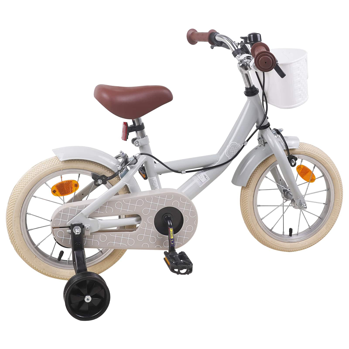 Ein graues Kinderfahrrad mit braunem Sattel, Stützrädern und einem weißen Korb.