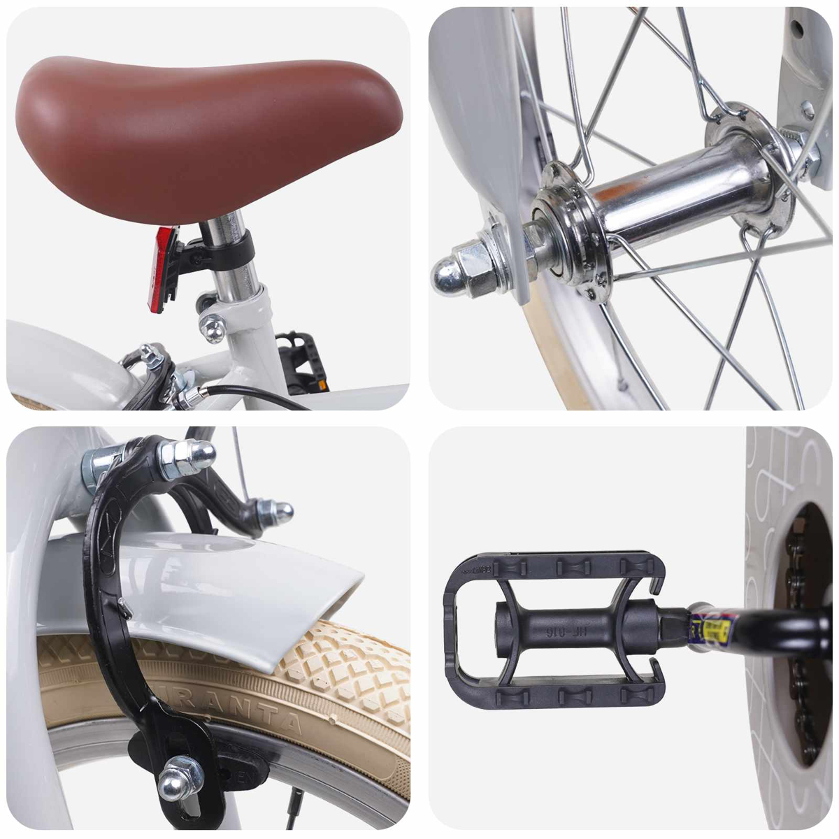 Collage von Fahrrad-Details: brauner Sattel, Vorderradnabe, Bremssattel und Pedal.