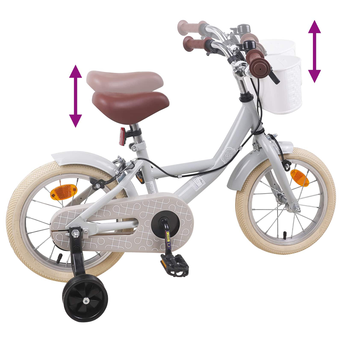 Graues Kinderfahrrad mit Stützrädern, verstellbarem Sattel und Lenker.