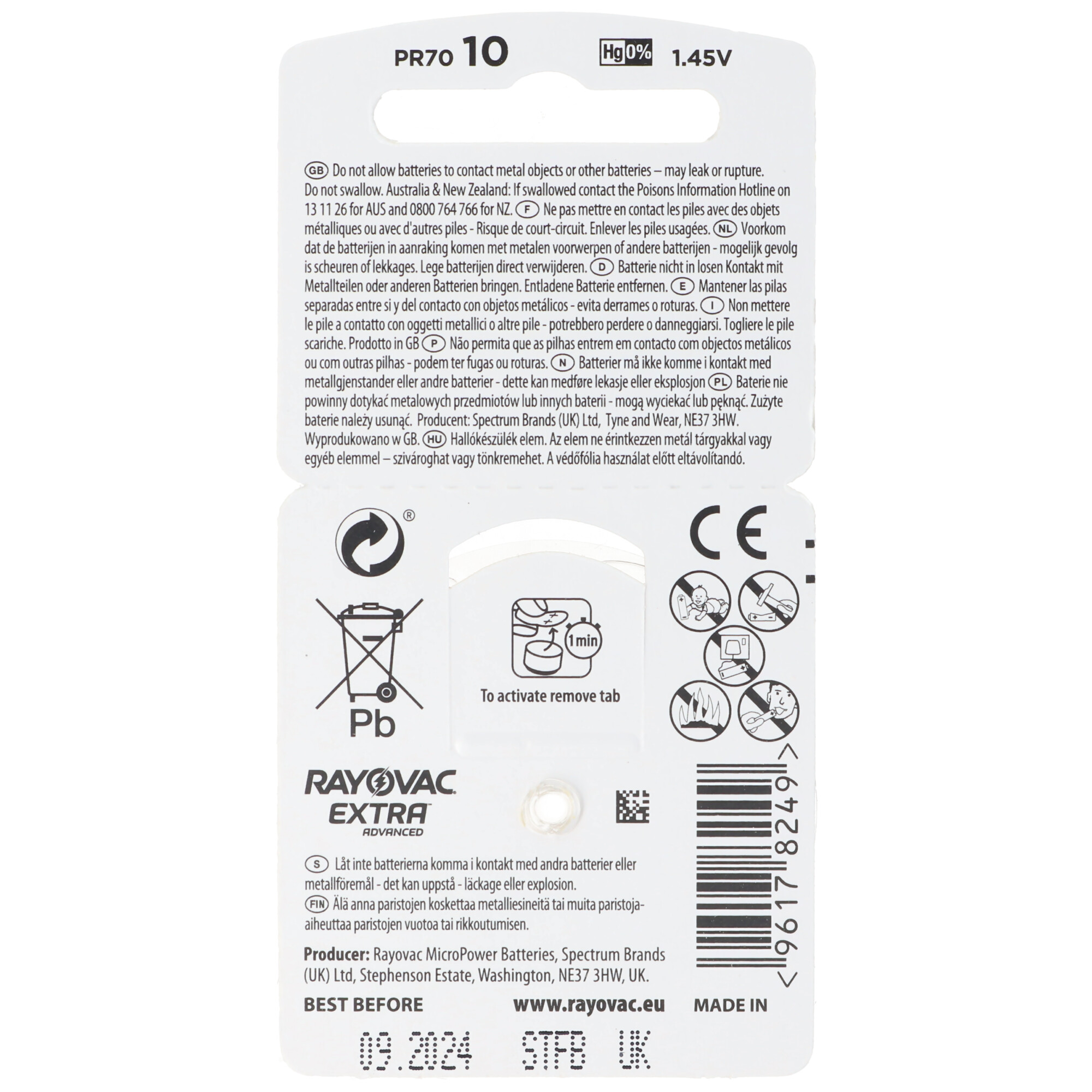 Verpackung für Knopfzellenbatterien mit Warnhinweisen und Marke.