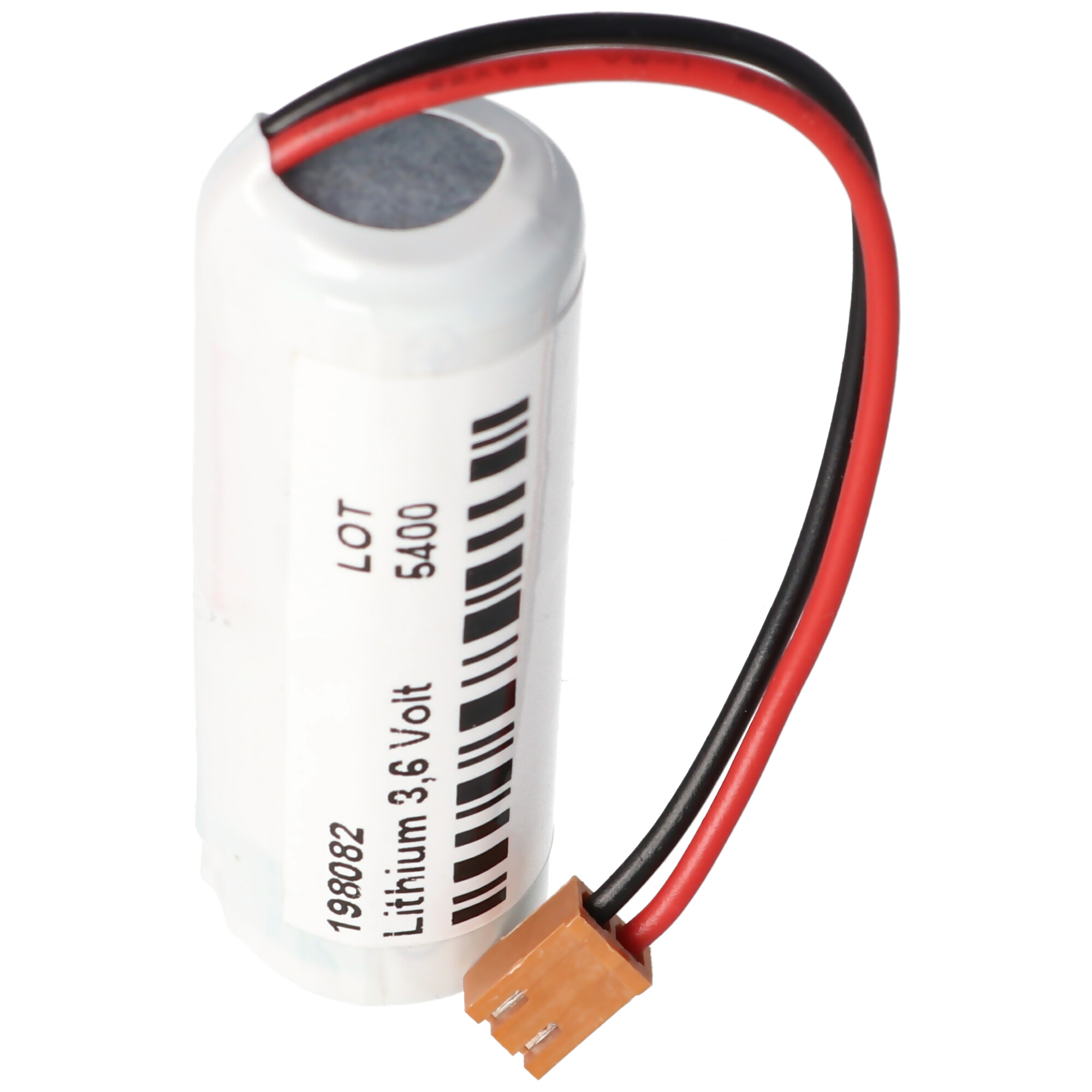 Batteria al litio bianca da 3,6V con cavi rosso e nero e connettore marrone.
