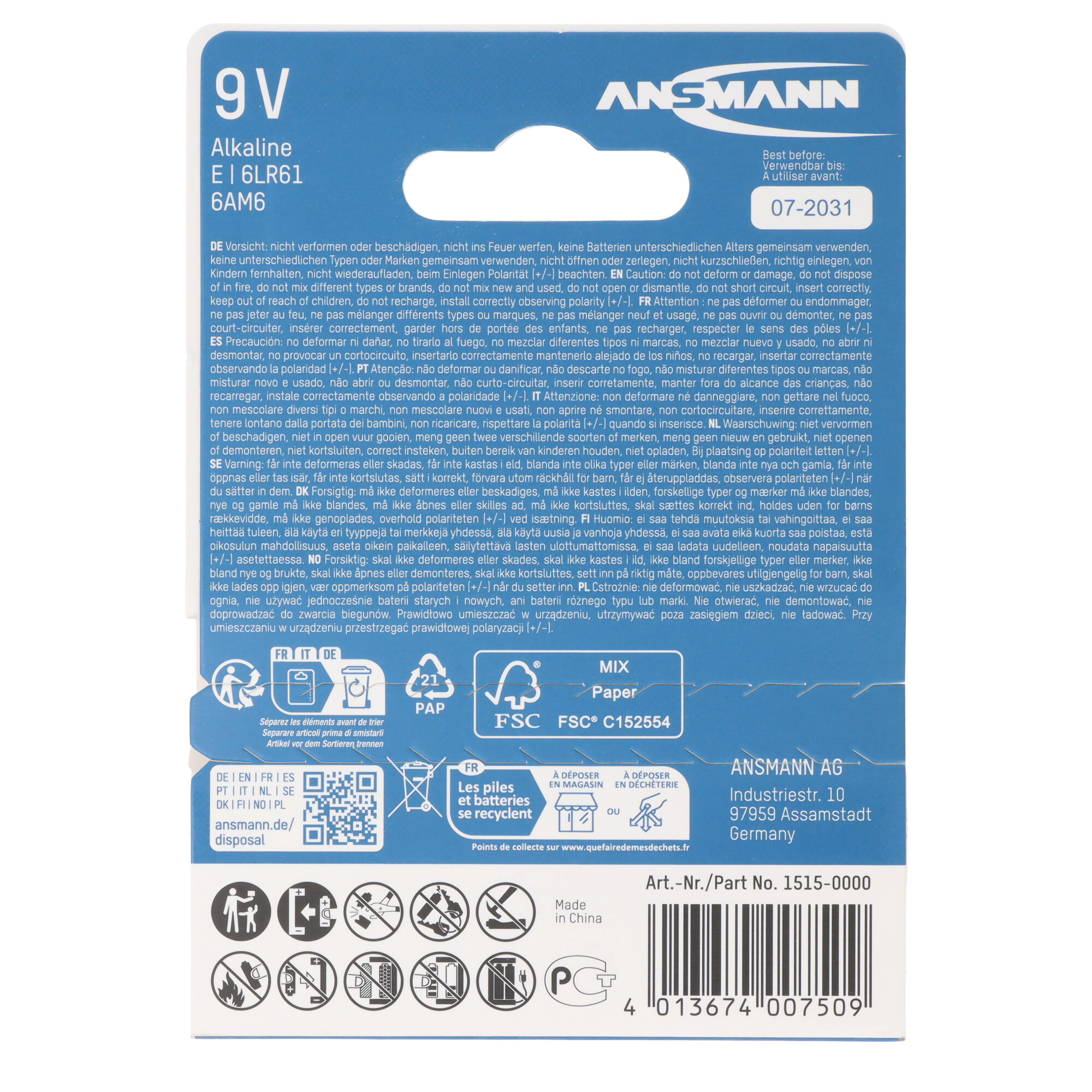 9V Alkaline Batterie von Ansmann, Modell 6LR61, mit Haltbarkeitsdatum 07-2031.