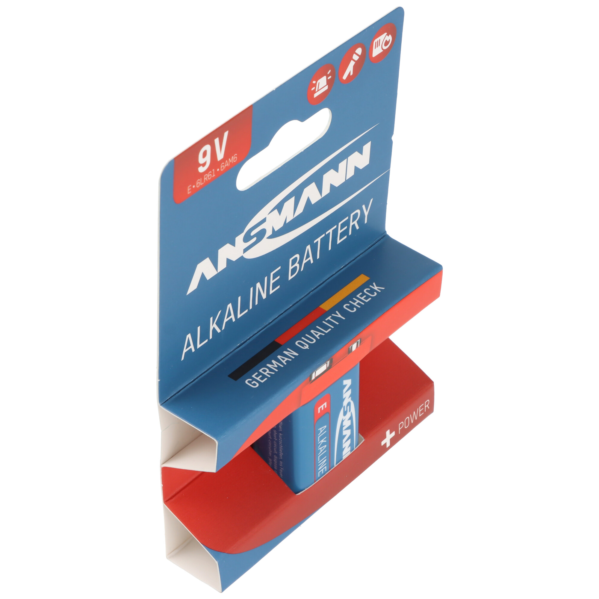 9V Ansmann Alkaline Batterie im Karton, mit Symbolen oben.