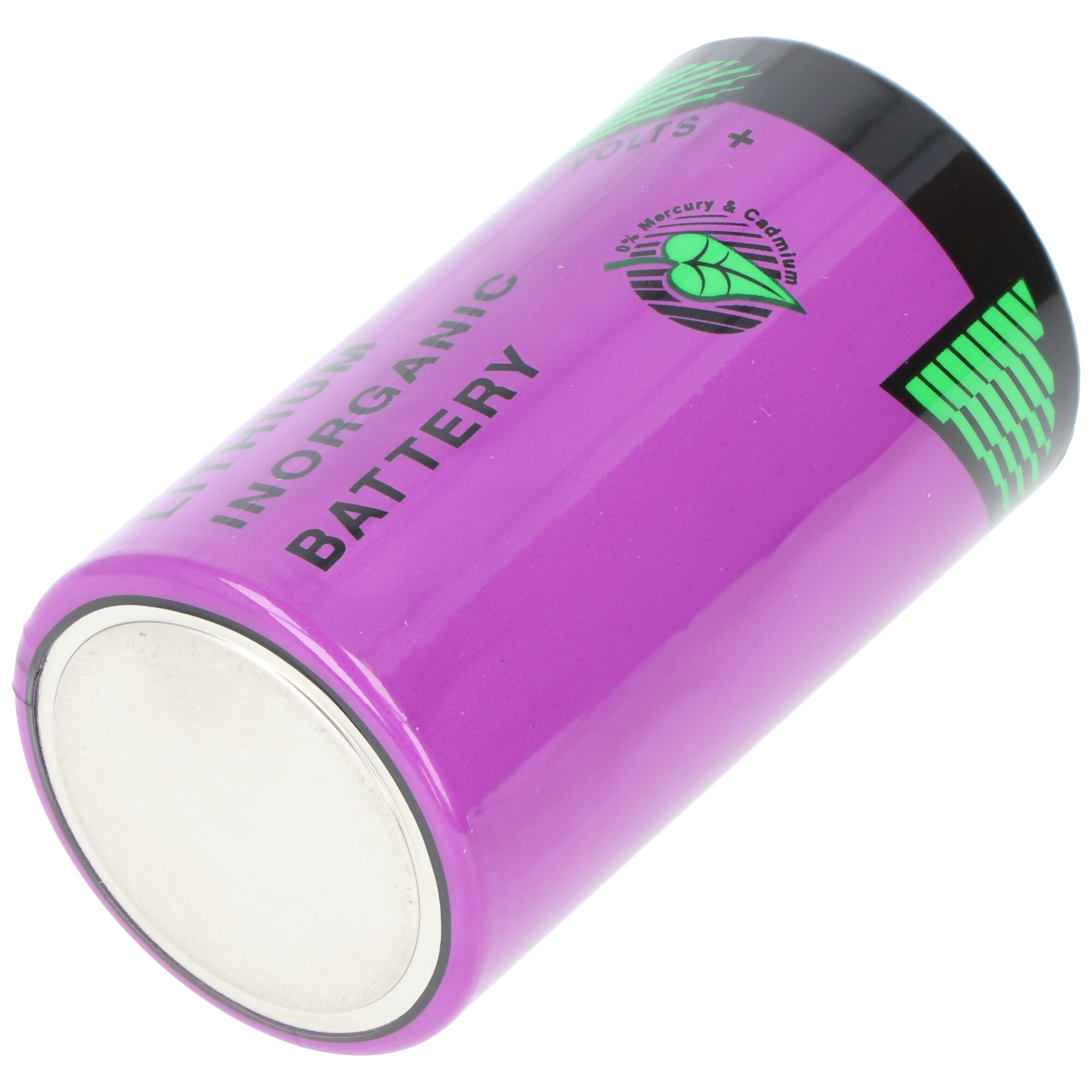 Una batteria viola con segni neri e verdi, appoggiata su sfondo bianco.