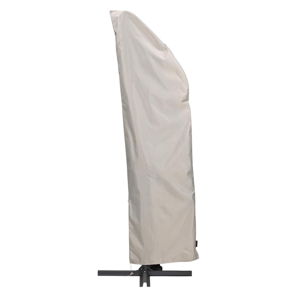 A beige cover shields a parasol on a dark stand.