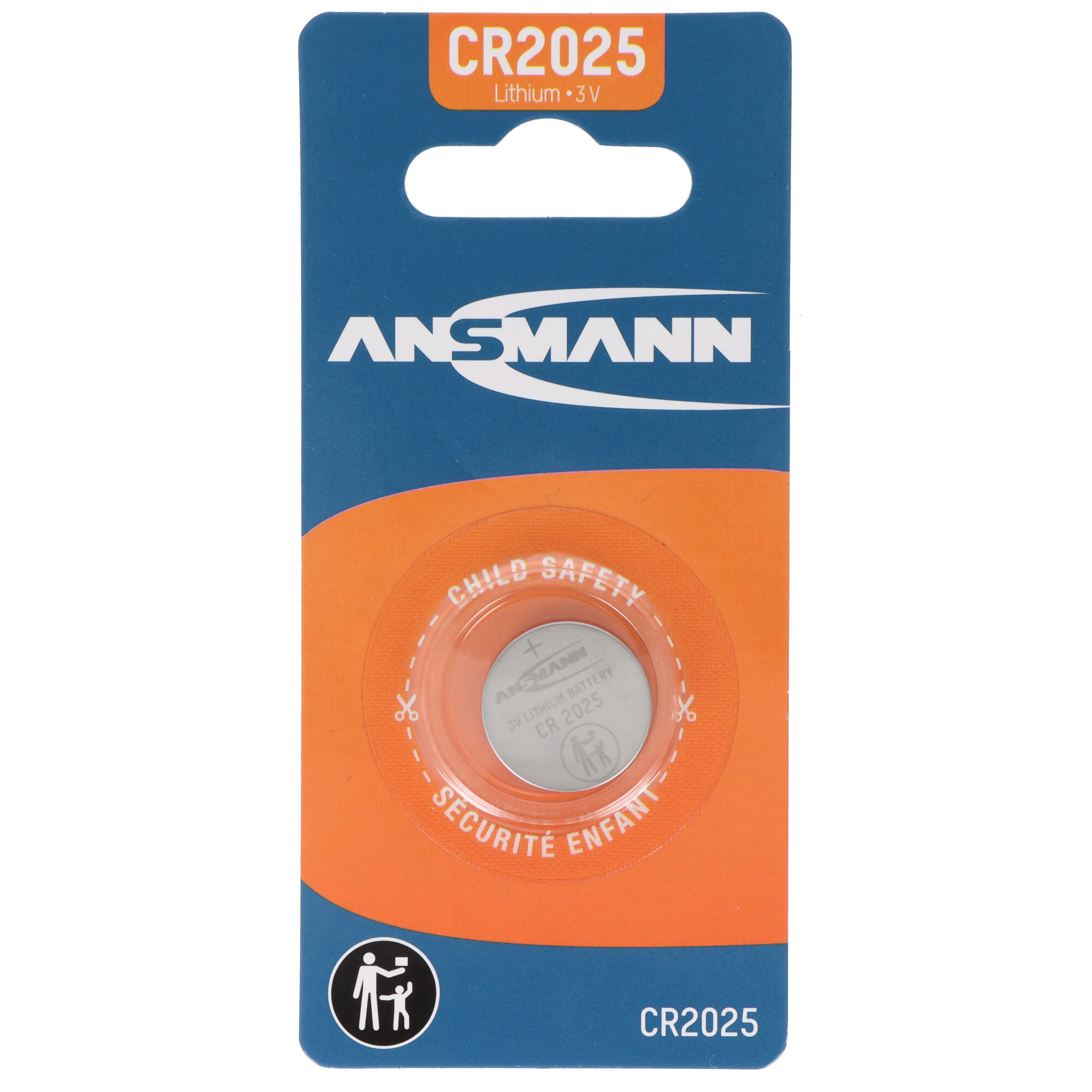 Verpackung einer CR2025 Lithium-Batterie von ANSMANN mit Kindersicherungssymbol.