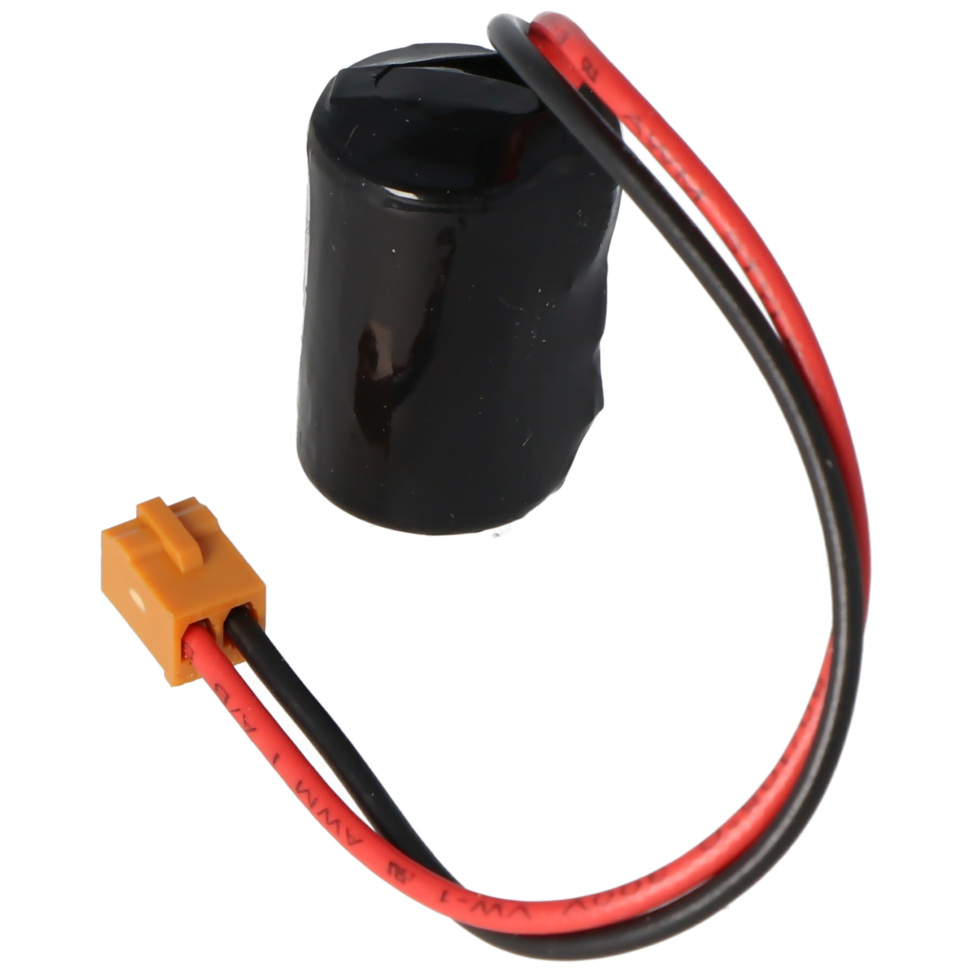 Batteria nera con cavi rosso e nero e connettore arancione.