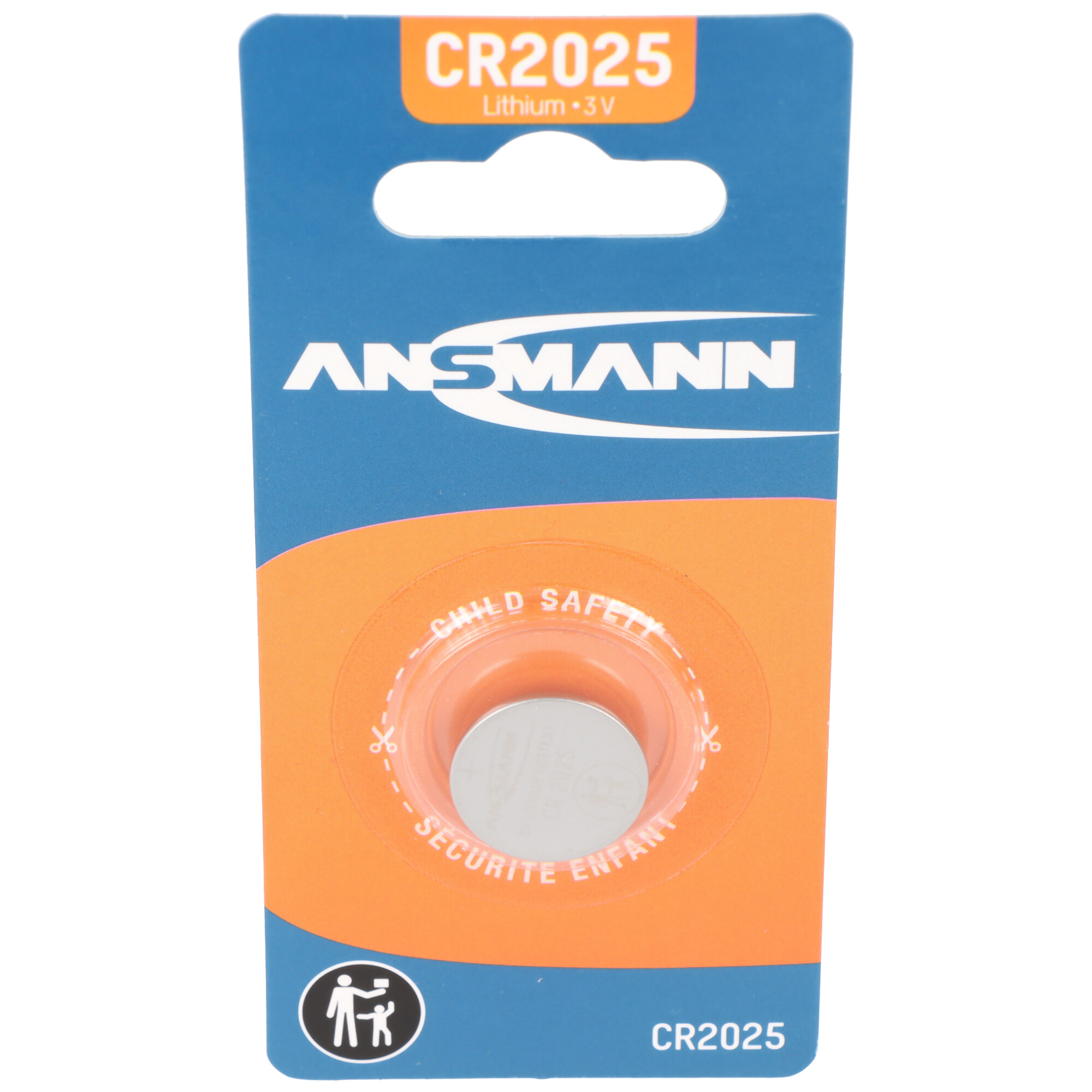 Verpackung einer Ansmann CR2025 Lithium-Batterie mit Kindersicherung.