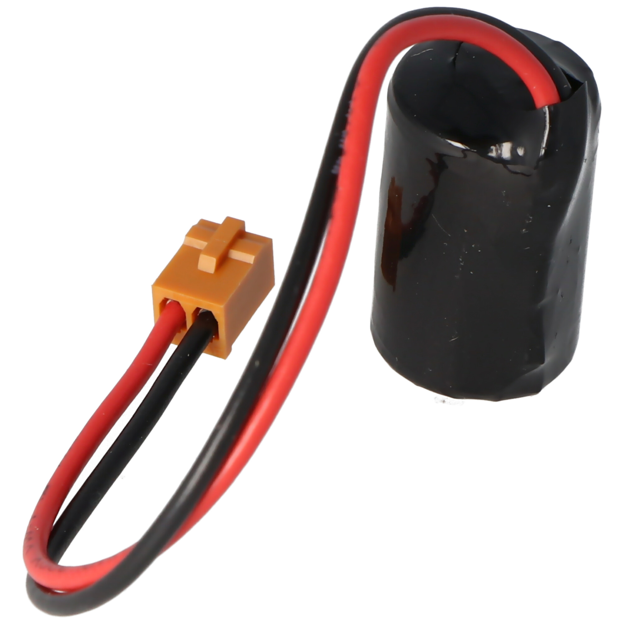 Pacco batteria nero con cavi rosso e nero e connettore marrone.