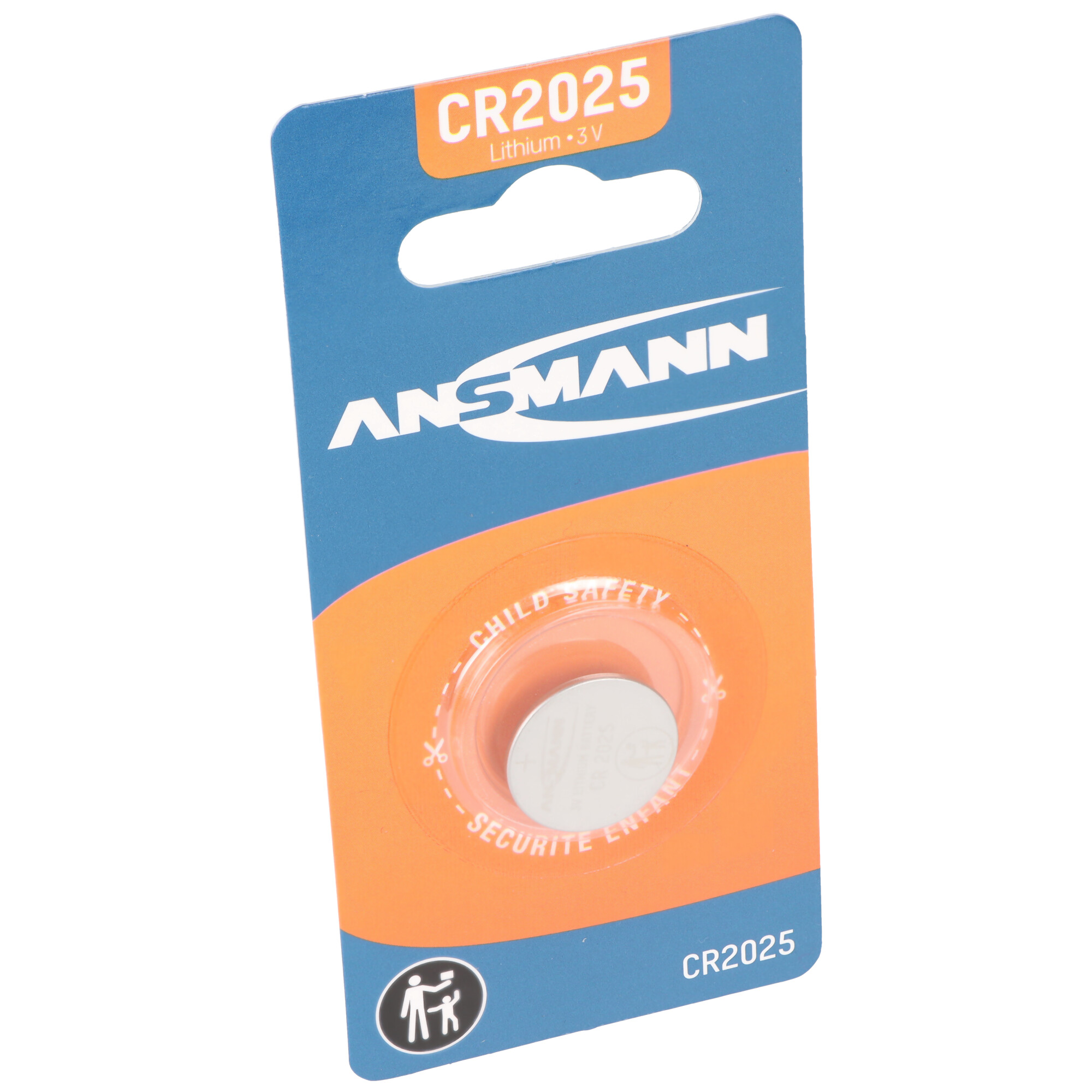 Ansmann CR2025 Lithium-Batterie in Blisterverpackung mit Kindersicherheitskennzeichnung.