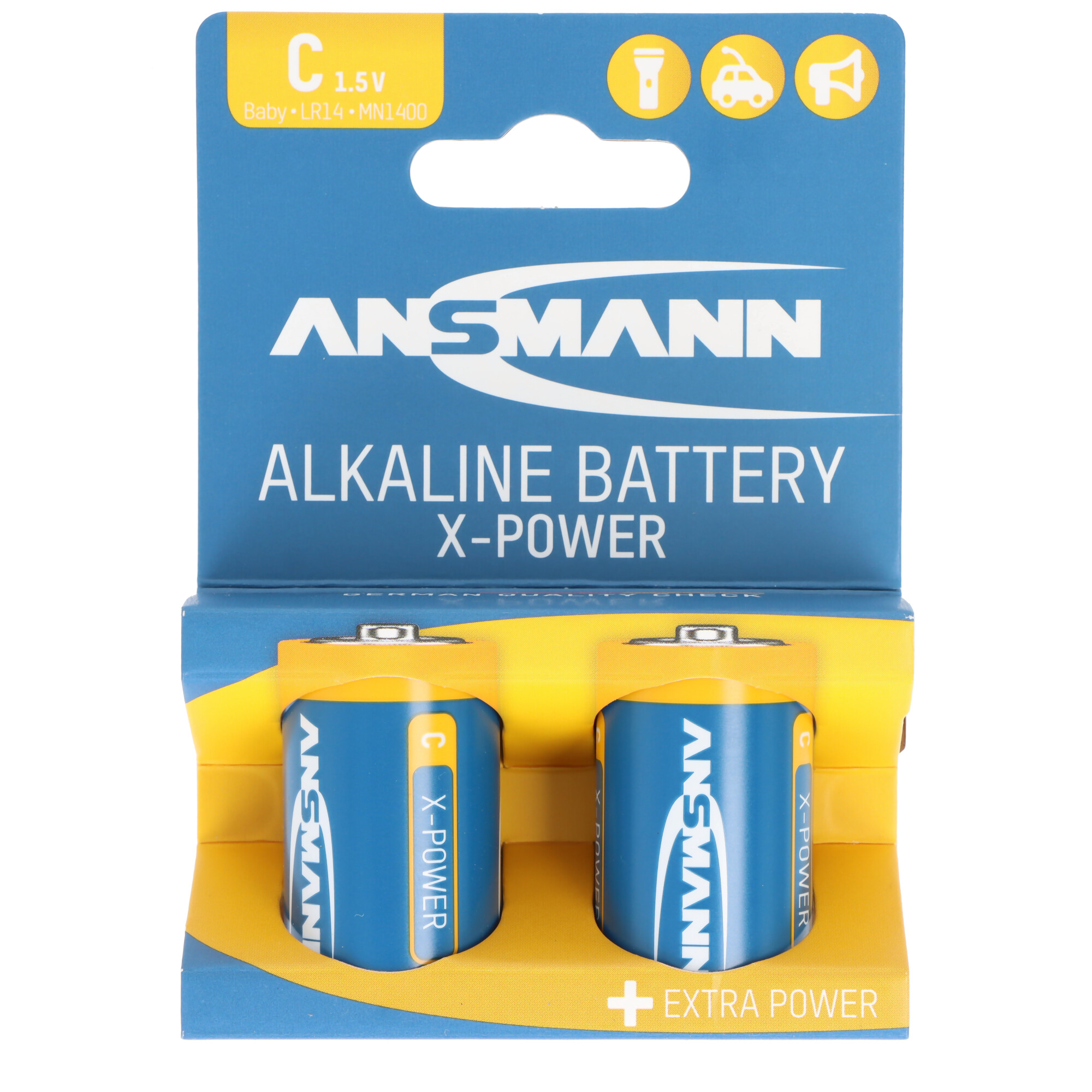 Zwei blaue Ansmann C 1,5V Alkaline-Batterien in gelber und blauer Verpackung.