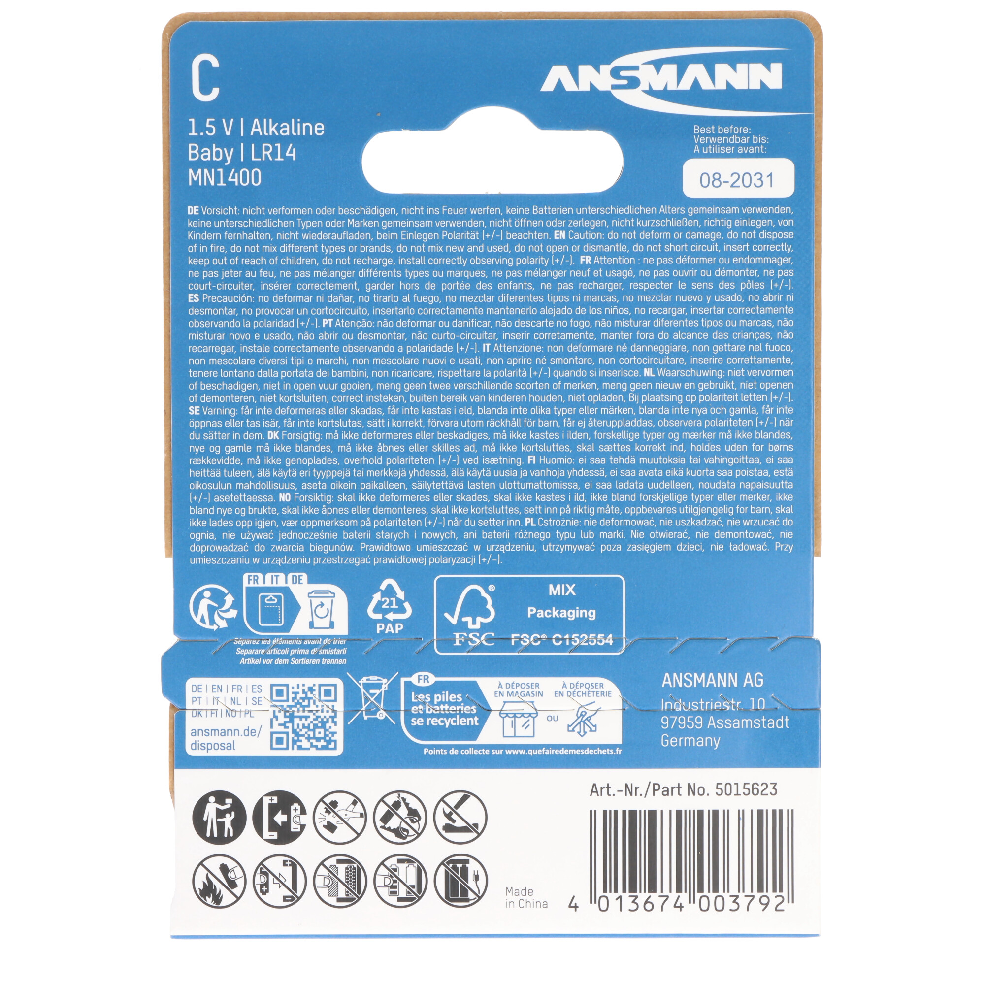 Ansmann C 1.5V Alkaline Baby LR14 MN1400 Batteriepackung mit Warnhinweisen und Entsorgungsinformationen.