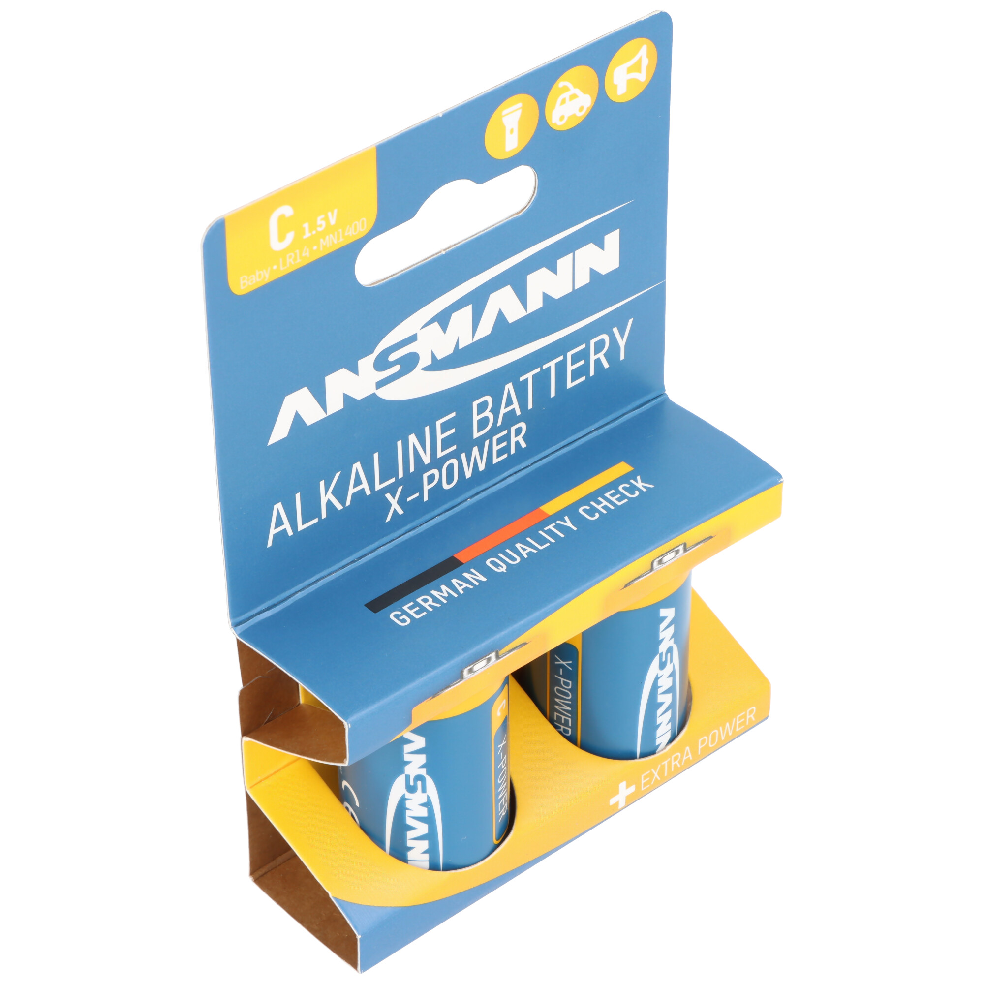 Zwei ANSMANN C 1.5V Alkaline Batterien im blauen und gelben Karton.
