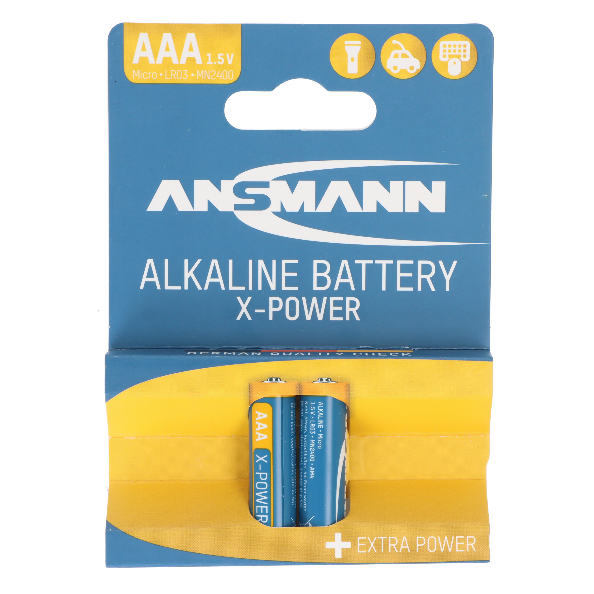 Verpackung mit zwei AAA-Alkalibatterien von Ansmann X-Power.