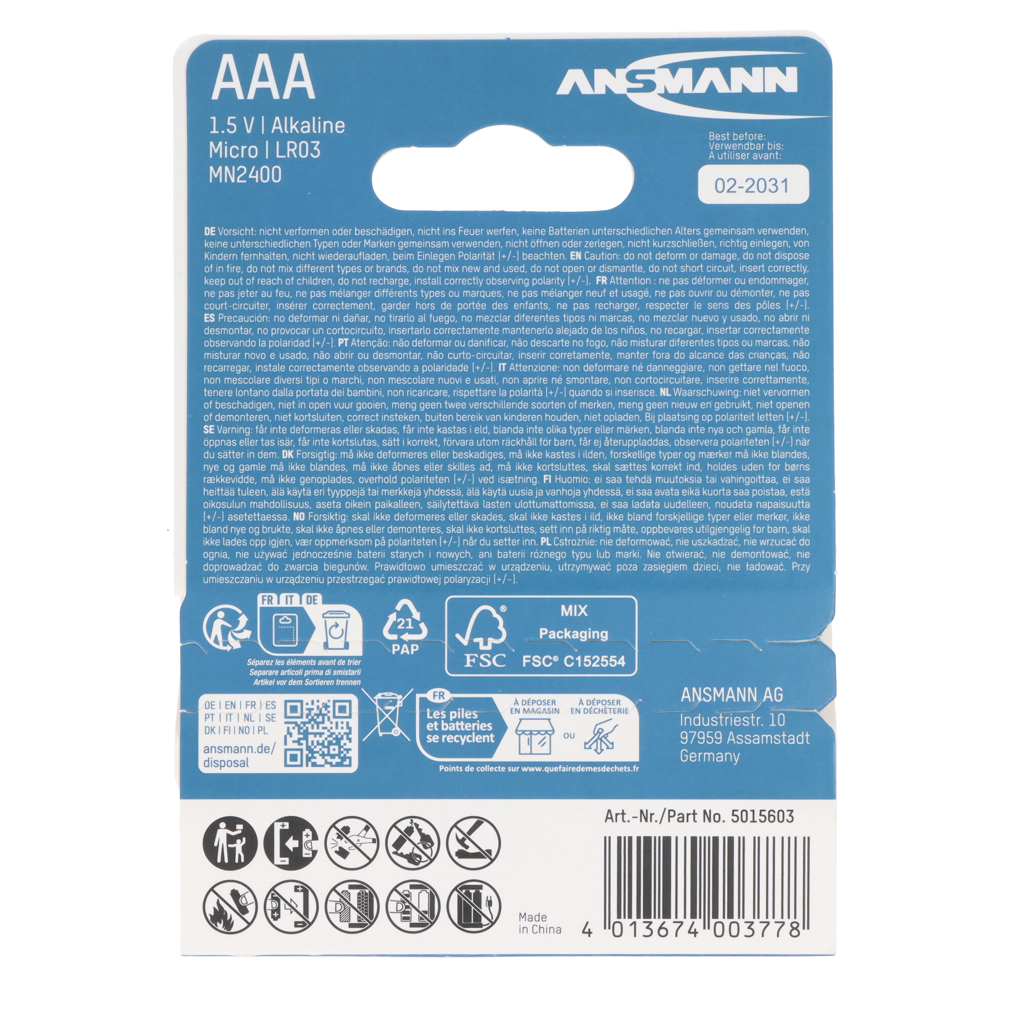 AAA 1.5V Alkaline Batterien, Modell MN2400, mit Verfallsdatum 02-2031.