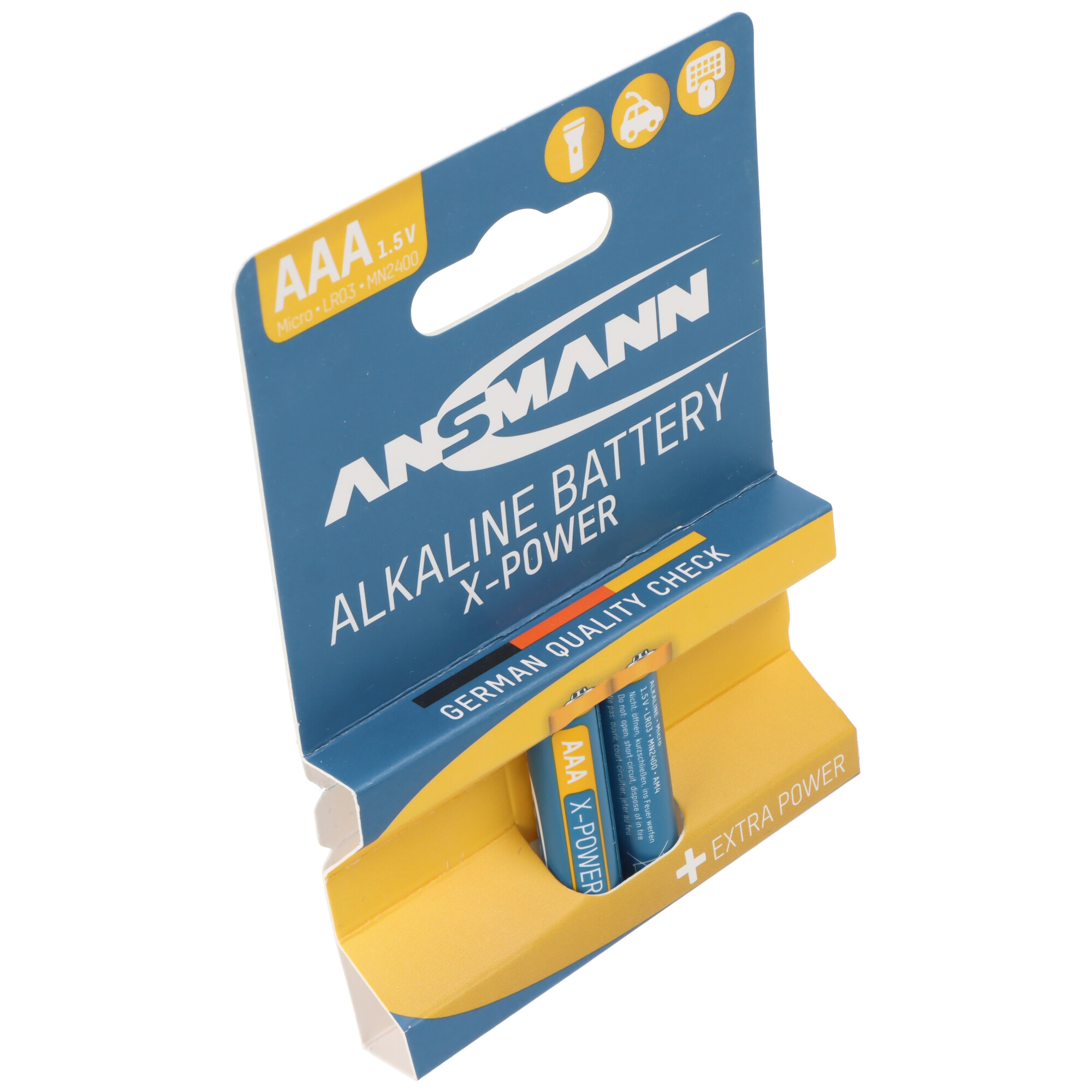 Verpackung mit zwei AAA-Batterien von Ansmann X-Power, 1,5V.