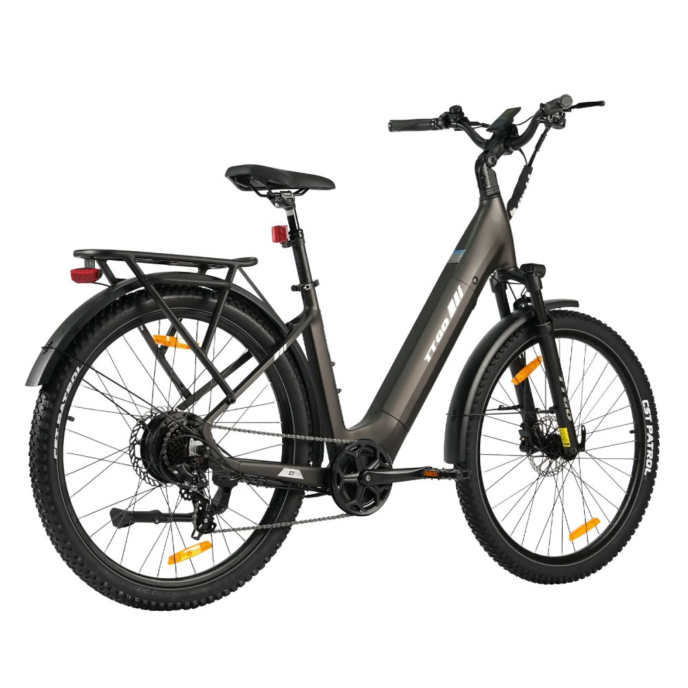 Ein graues E-Bike mit Gepäckträger, Schutzblechen und breiten Reifen.