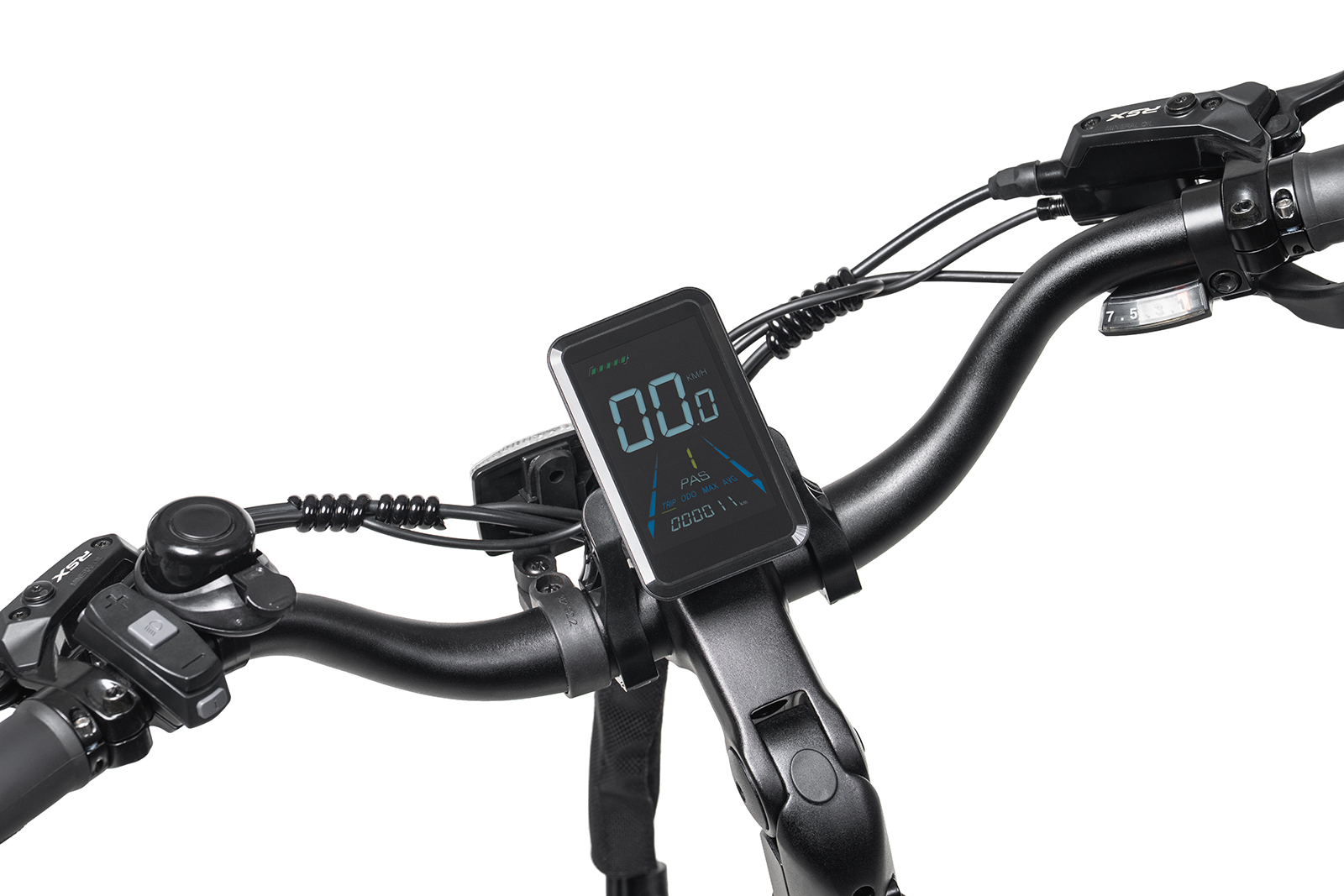 Lenker eines Elektrofahrrads mit digitalem Display, Klingel und Bremshebel.