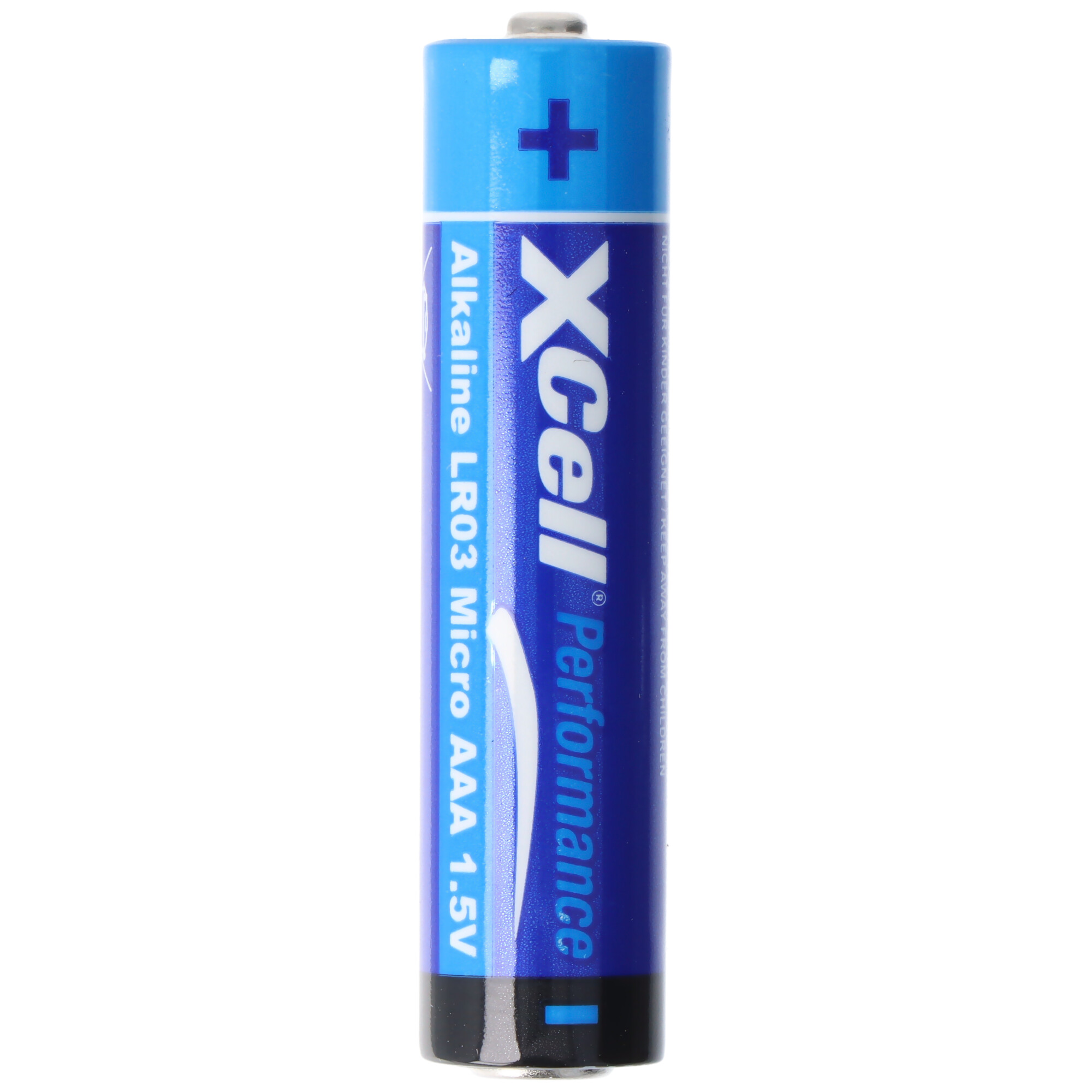 Eine blaue AAA-Batterie mit weißem Aufdruck 'Xcell Performance'.