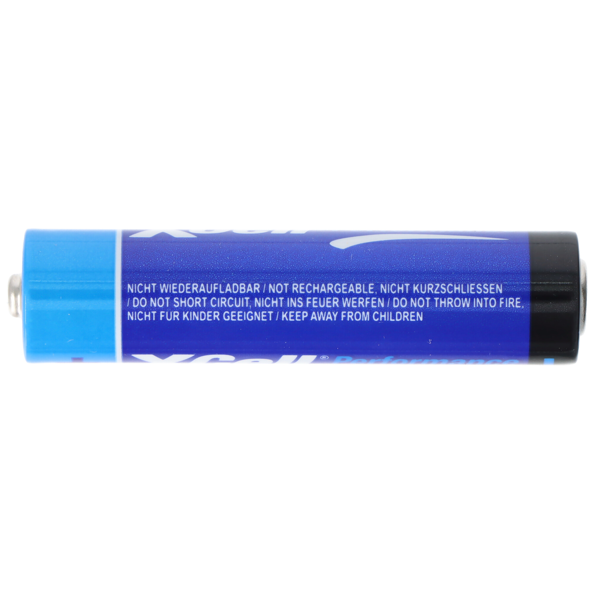 Eine blaue und schwarze Batterie mit Warnhinweisen in deutscher und englischer Sprache.