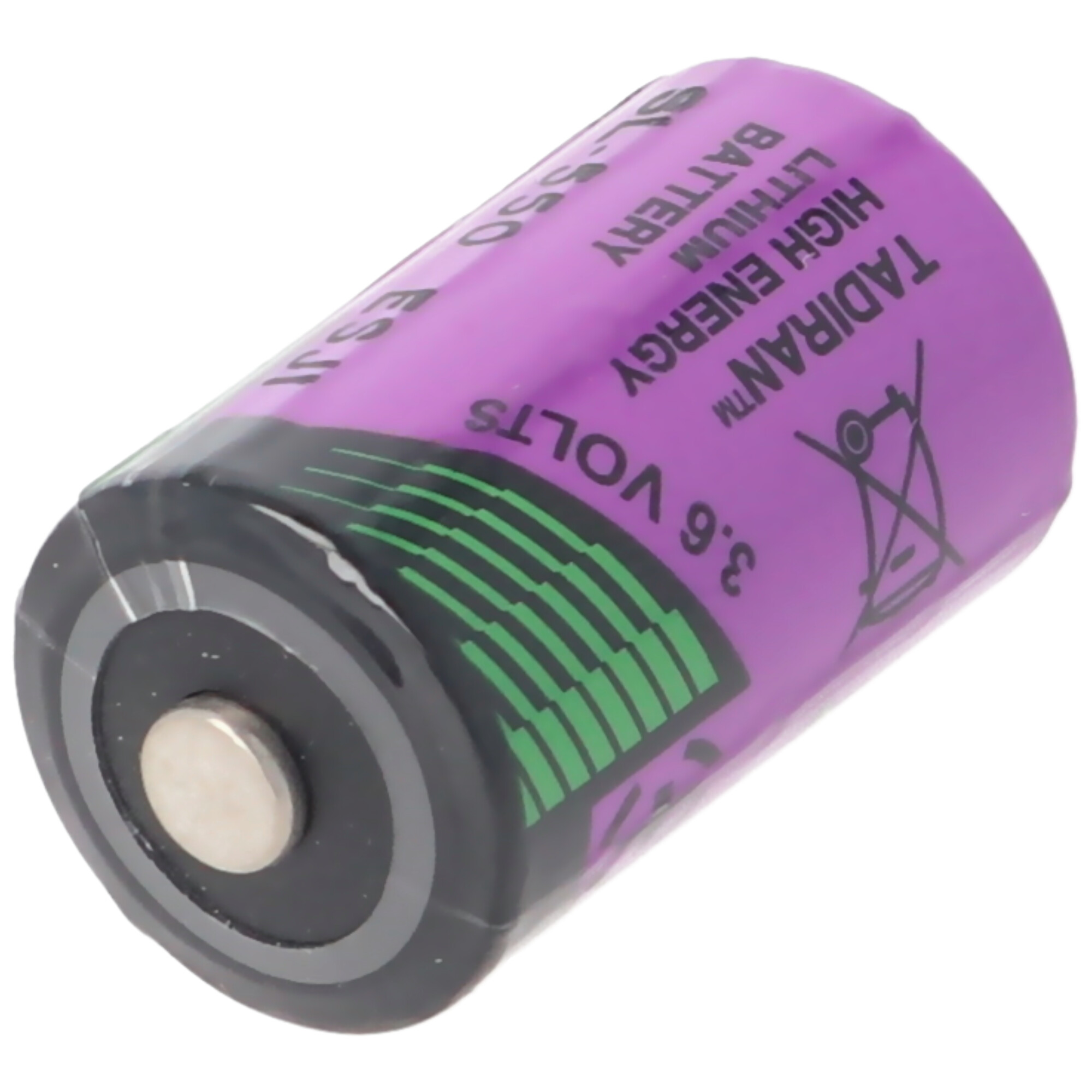 Eine lila Tadiran Lithium-Batterie mit schwarzer und grüner Beschriftung.