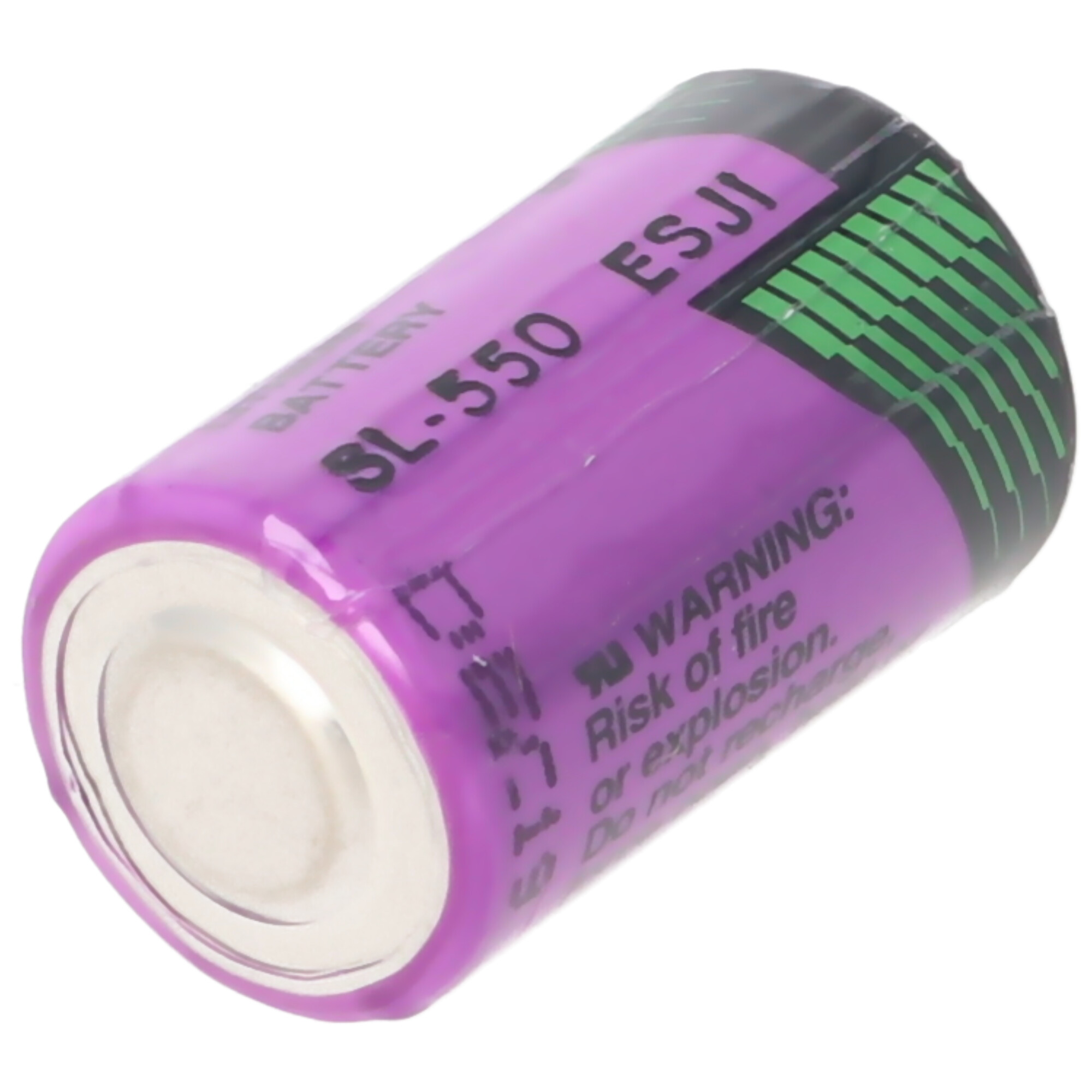 Lila Batterie SL-550 ESJI mit Warnhinweisen, auf weißem Hintergrund.