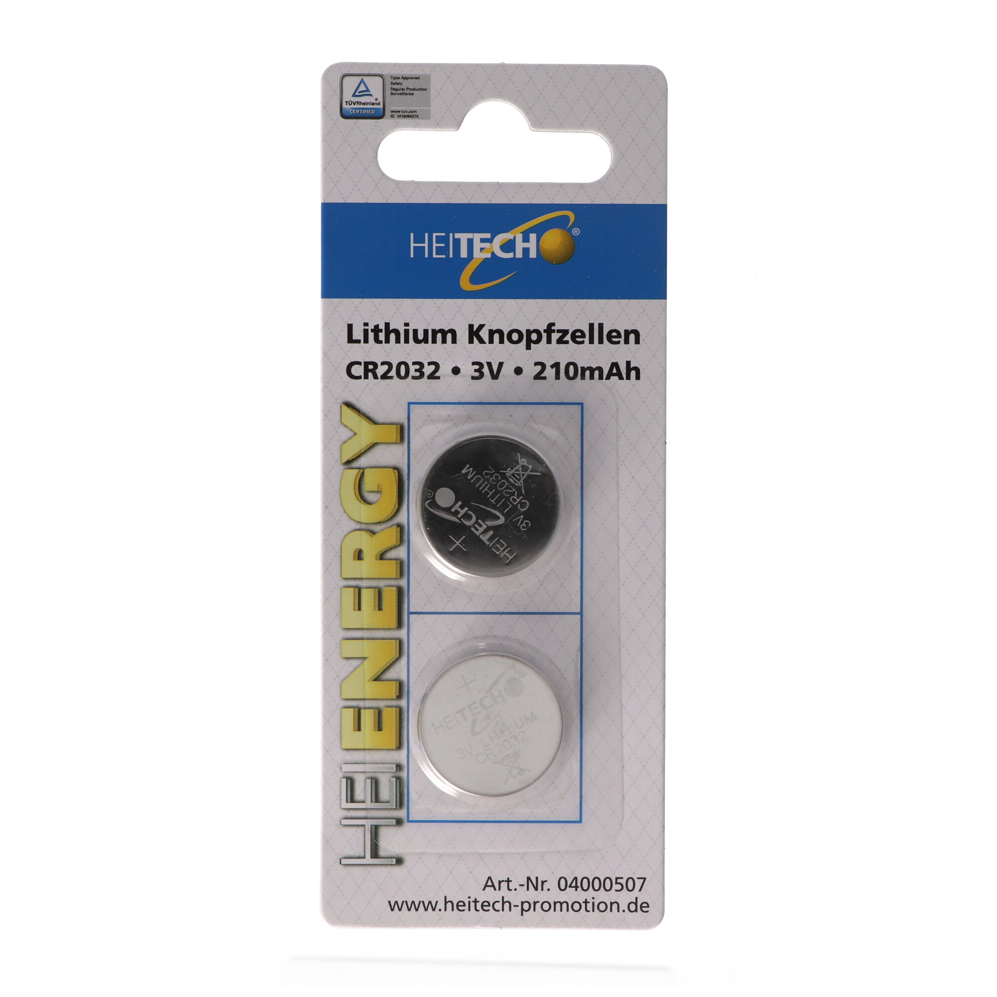 Verpackung mit zwei Heitech Lithium-Knopfzellen CR2032, 3V, 210mAh.