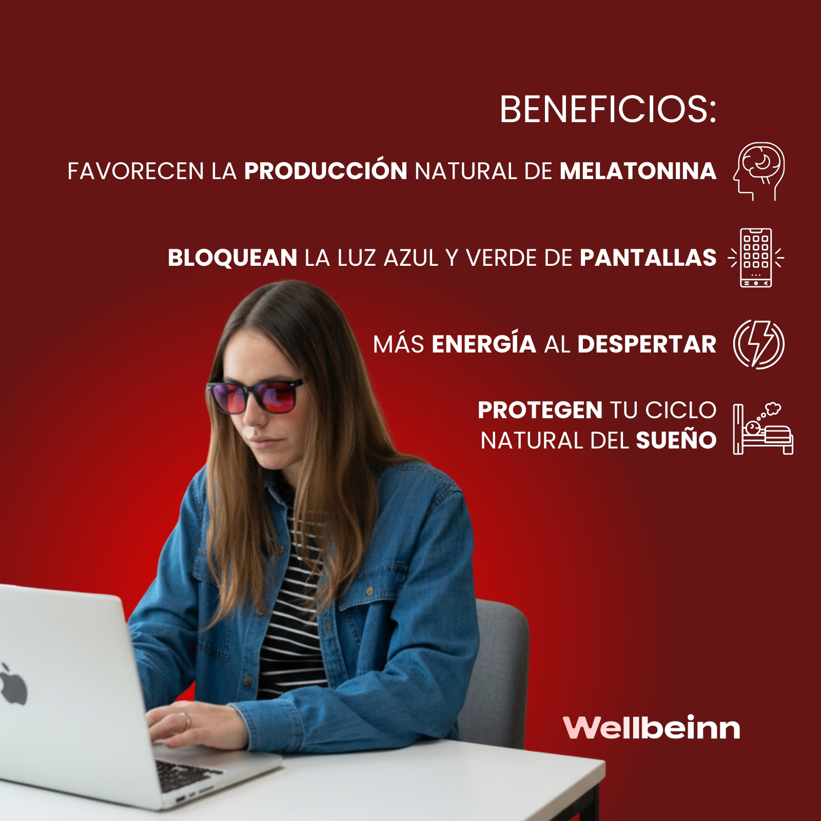 Mujer con gafas y chaqueta vaquera trabaja en un portátil. Texto sobre beneficios.