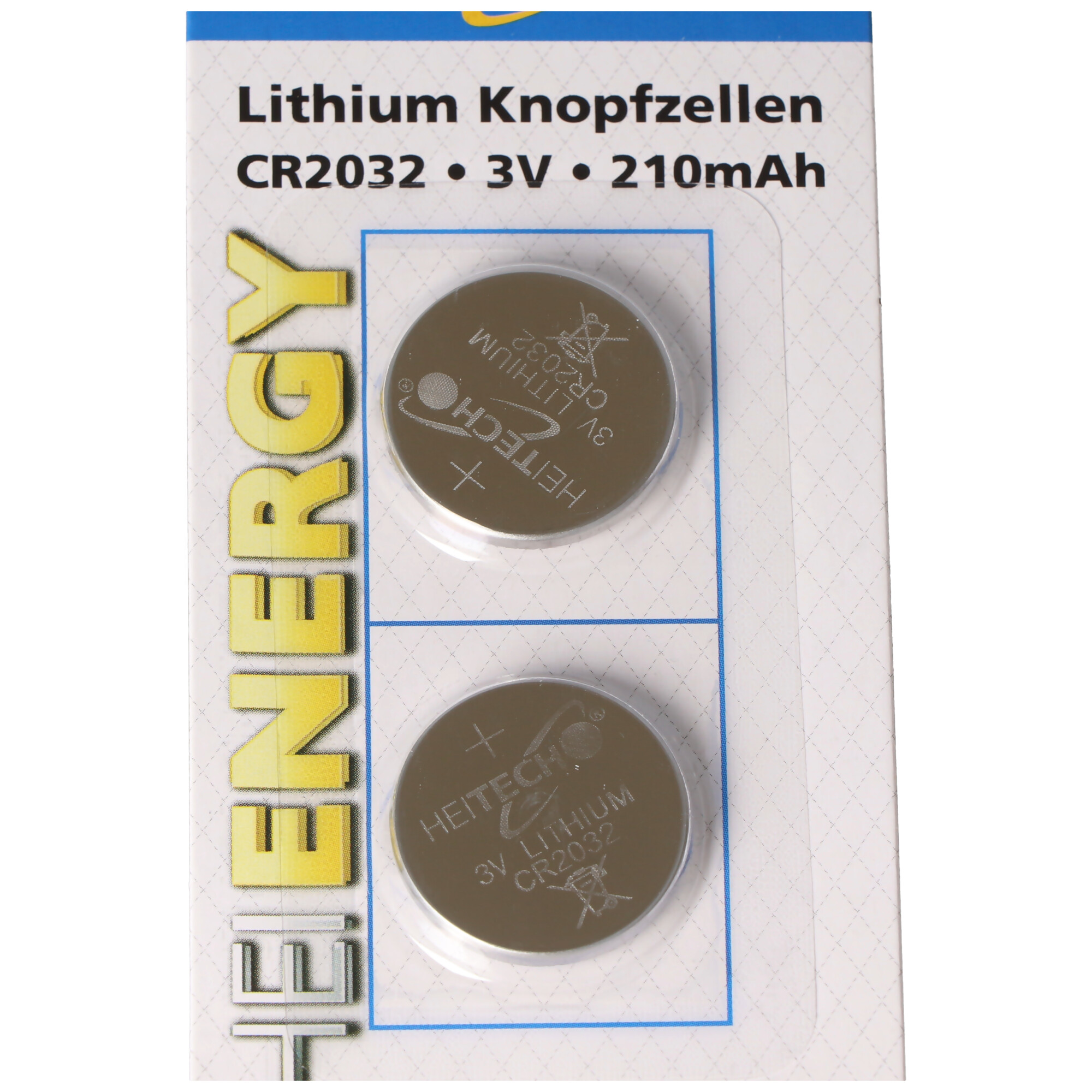Zwei Lithium-Knopfzellen CR2032 in Blisterverpackung, 3V, 210mAh.
