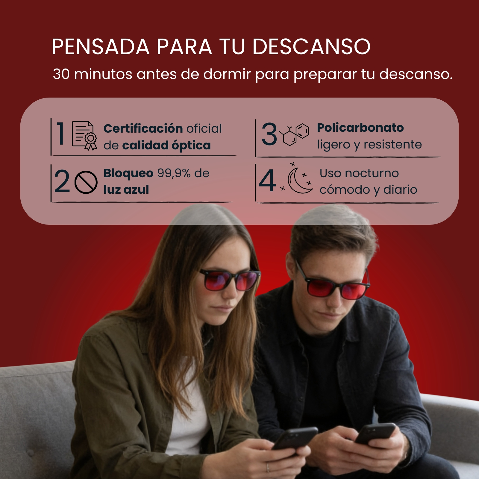 Hombre y mujer usan gafas bloqueadoras de luz azul, mirando sus teléfonos.