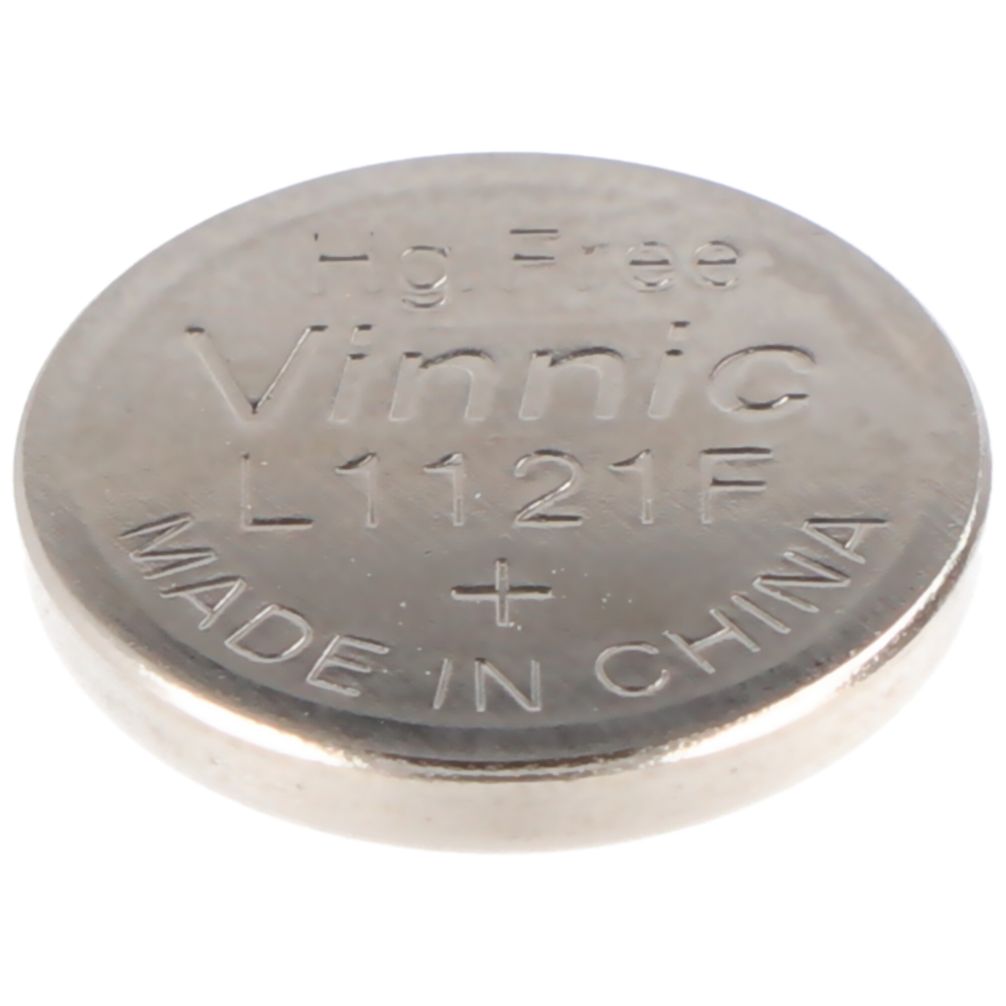 Eine silberne Knopfzelle mit der Aufschrift Vinnic L1121F Made in China.