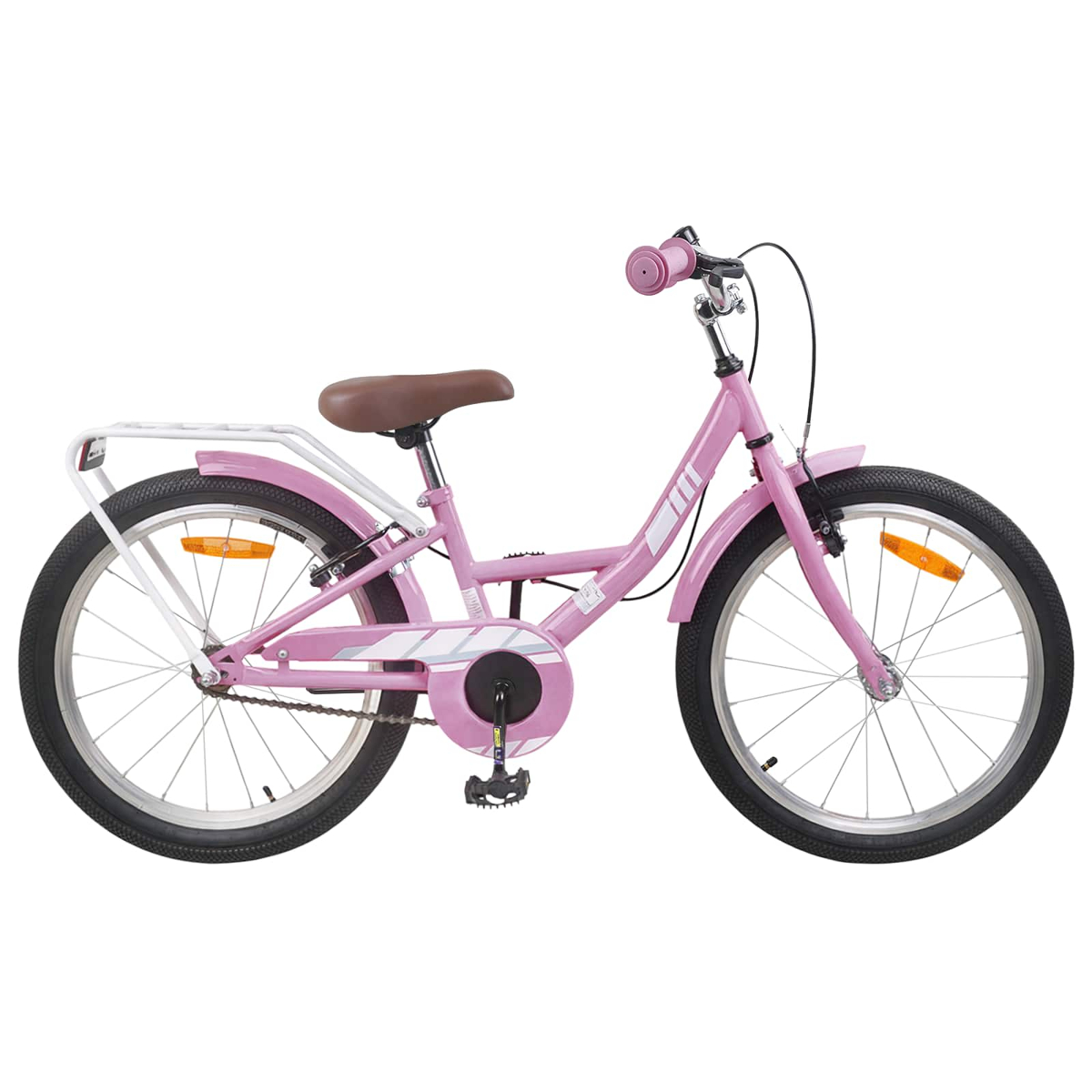 Ein rosafarbenes Kinderfahrrad mit braunem Sattel und Gepäckträger.