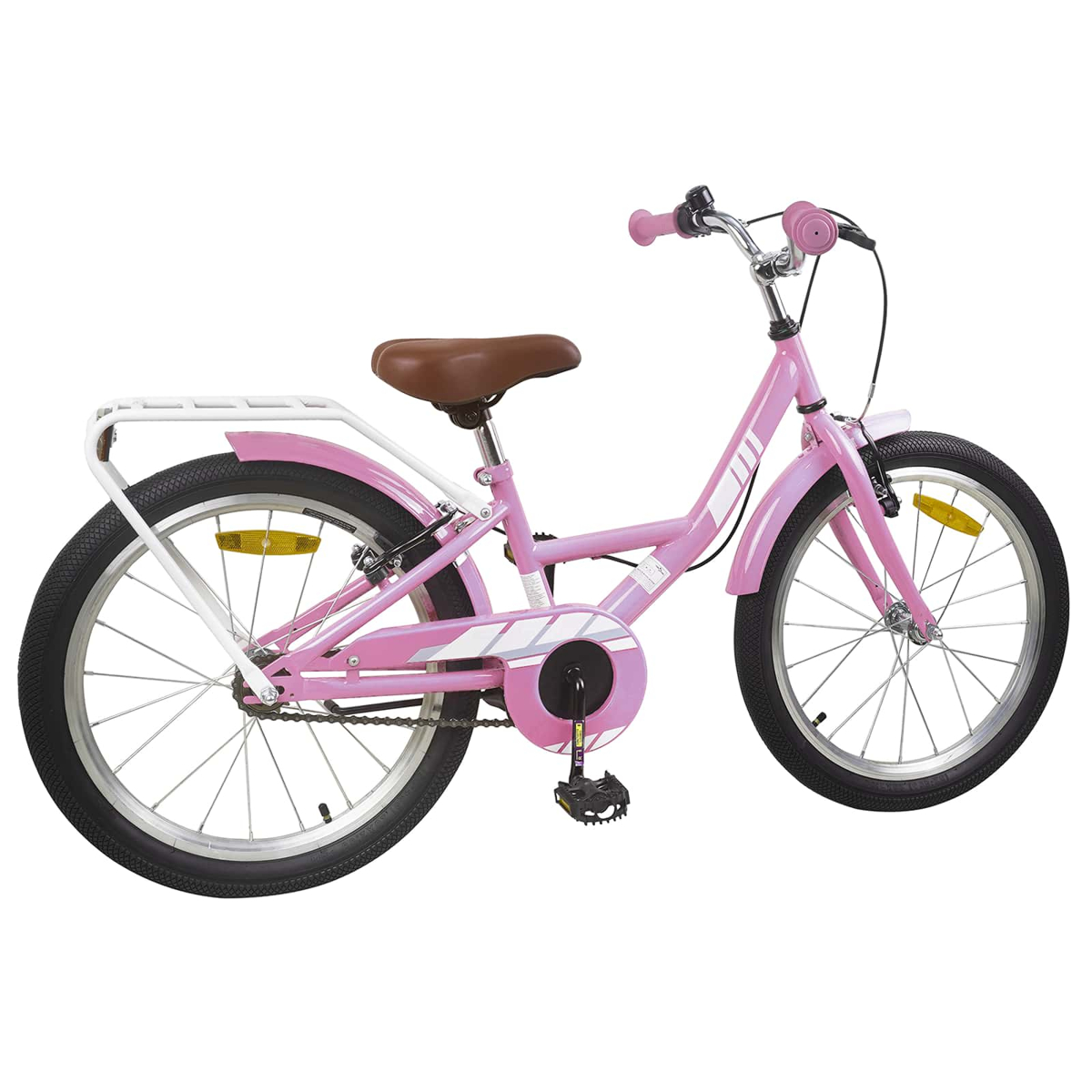 Ein pinkes Kinderfahrrad mit braunem Sattel und weißem Gepäckträger.