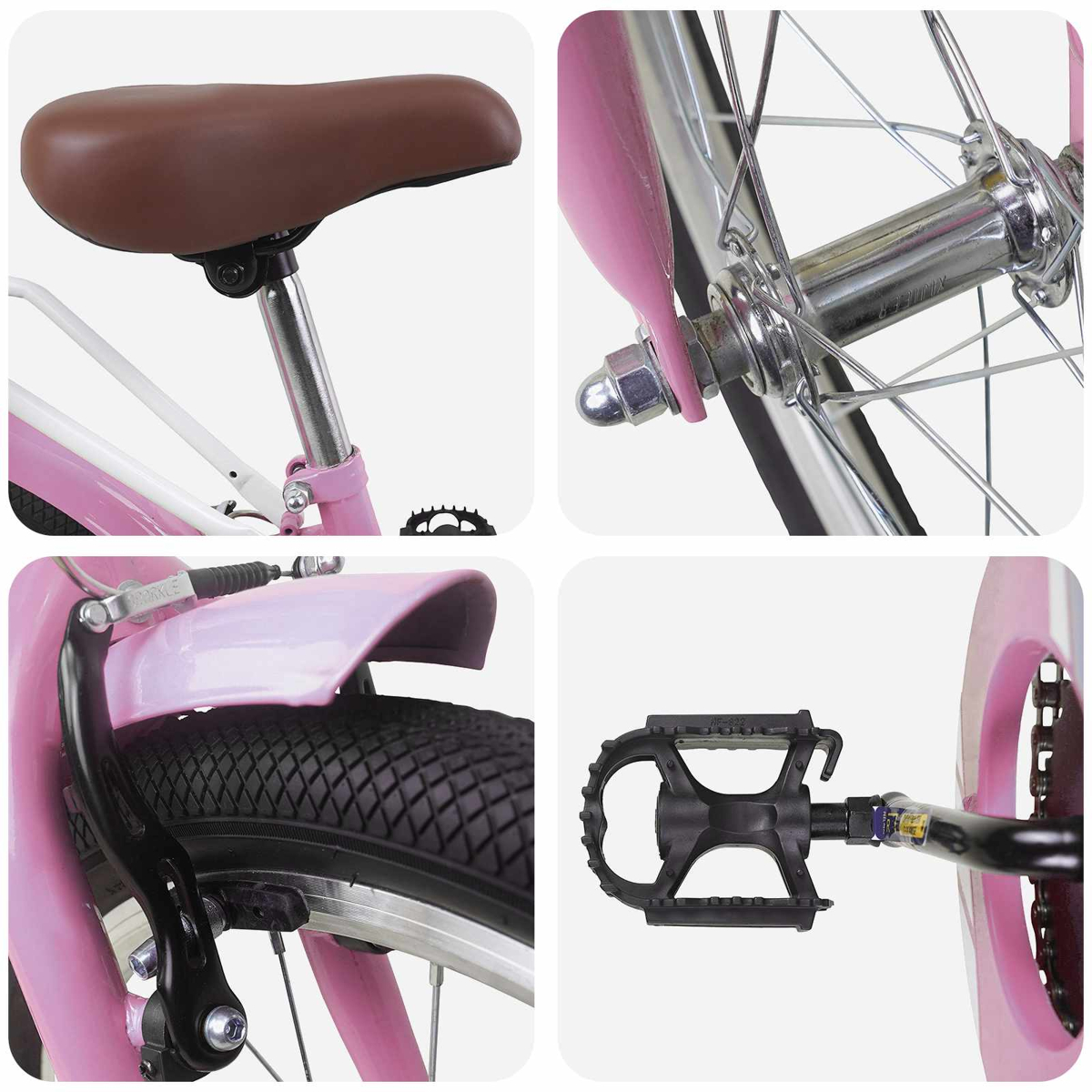 Collage eines rosa Fahrrads: Sattel, Vorderradnabe, Hinterradbremse und Pedal.