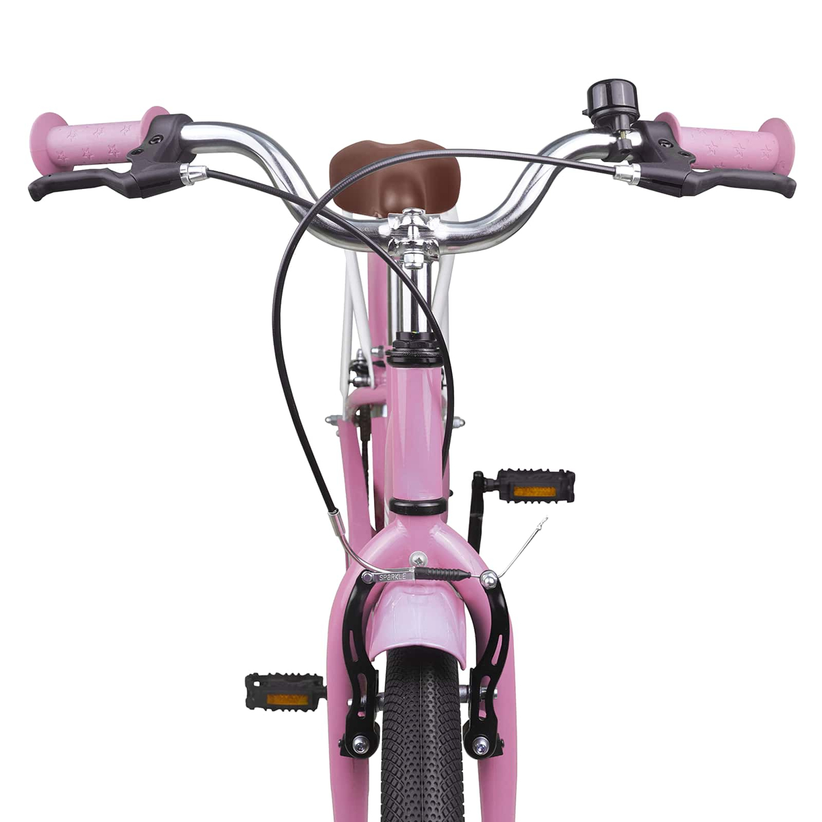Ein pinkes Kinderfahrrad mit braunem Sattel, Lenker und Klingel.