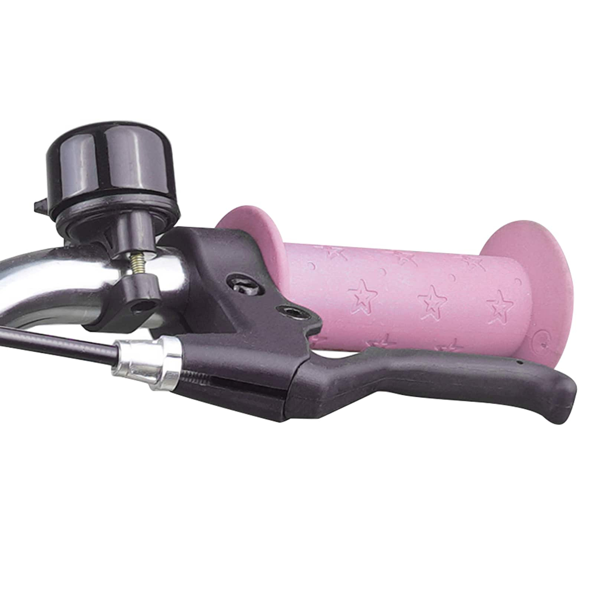 Fahrradlenker mit Klingel, Bremshebel und rosa Griff mit Sternen.