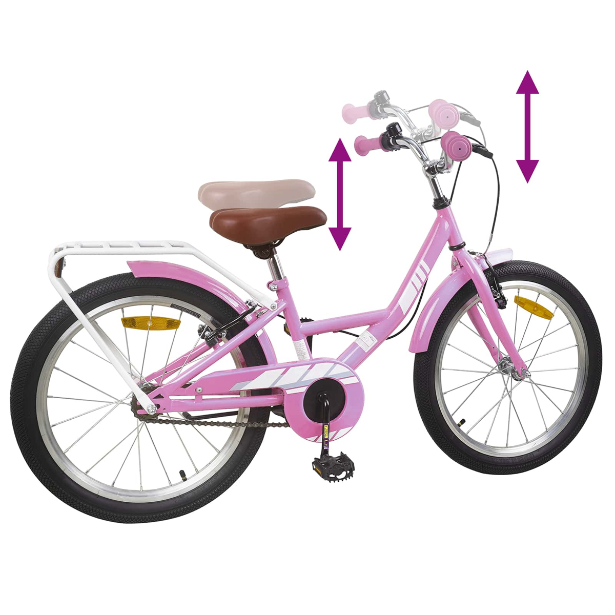 Ein rosa Kinderfahrrad mit verstellbarem Sitz und Lenker.