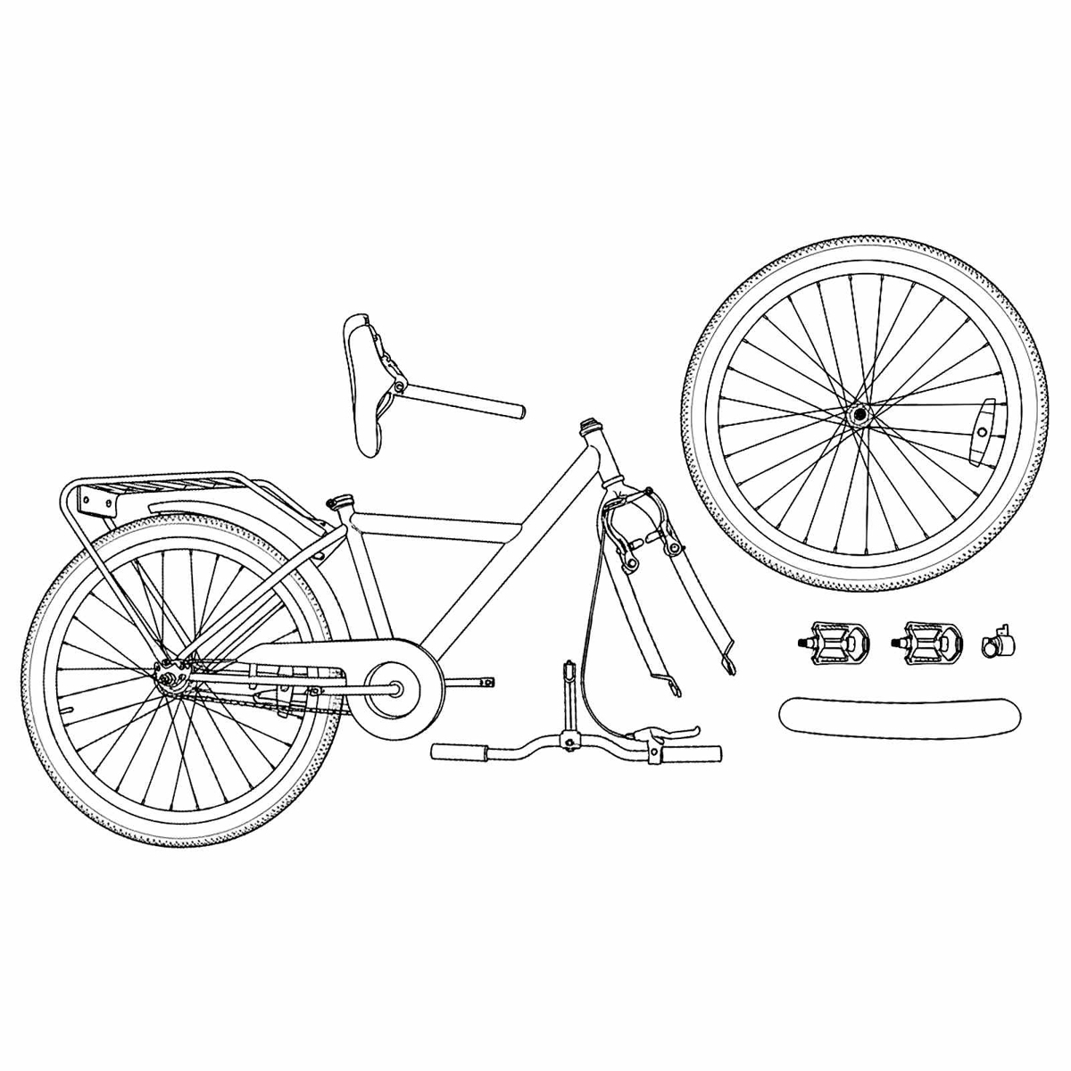 Ein Fahrradrahmen mit Rad, Sattel, Lenker und Pedalen ist in Einzelteilen dargestellt.