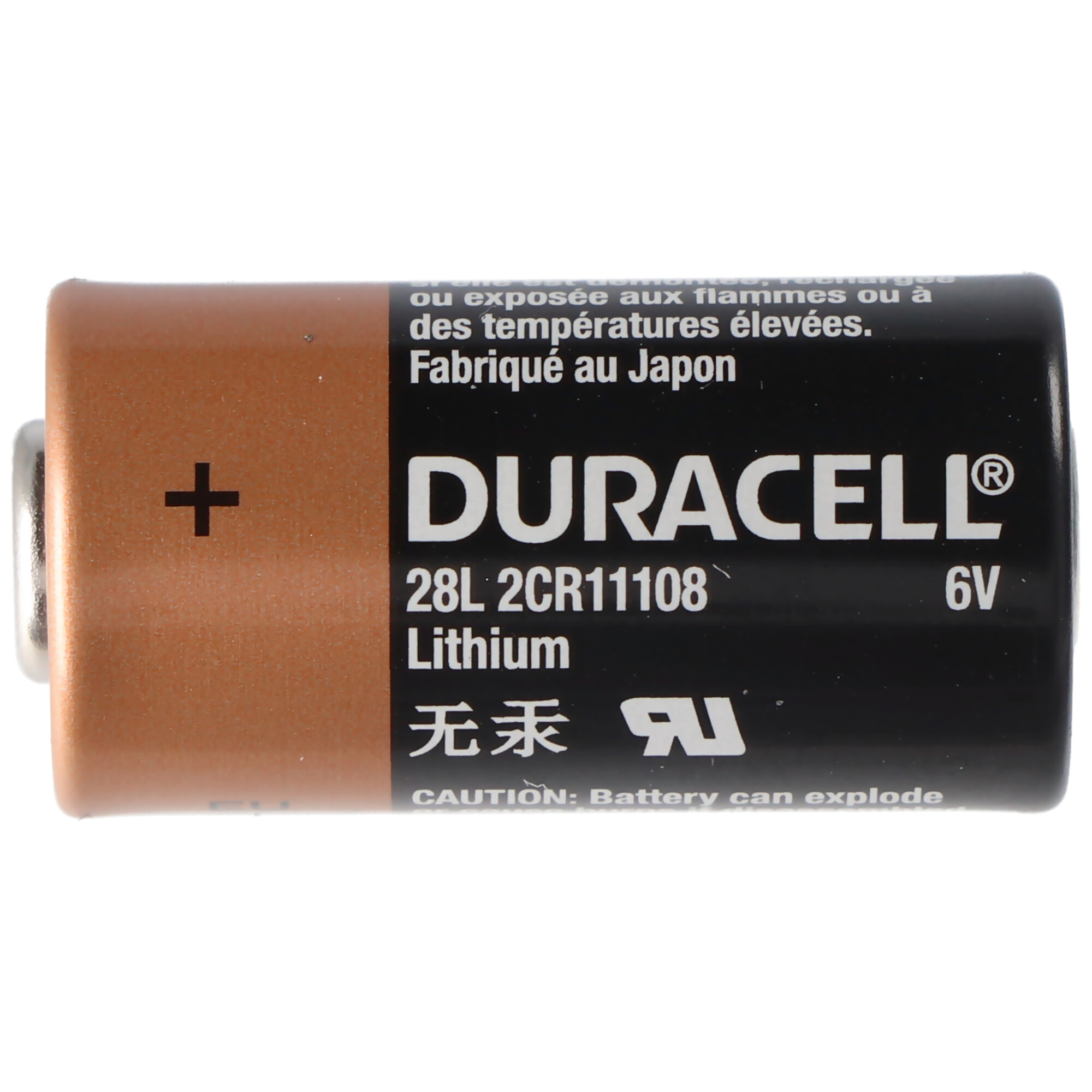Una batteria Duracell al litio da 6V con simbolo più.