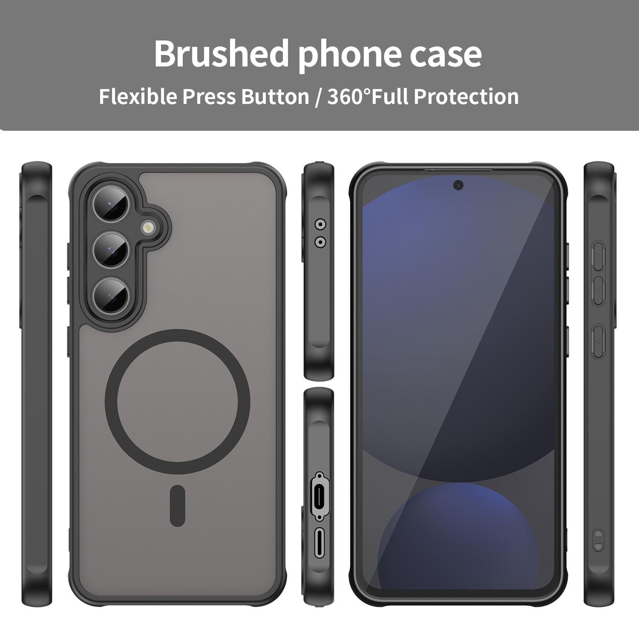 Eine graue, gebürstete Handyhülle wird von mehreren Seiten mit einem Handy gezeigt.