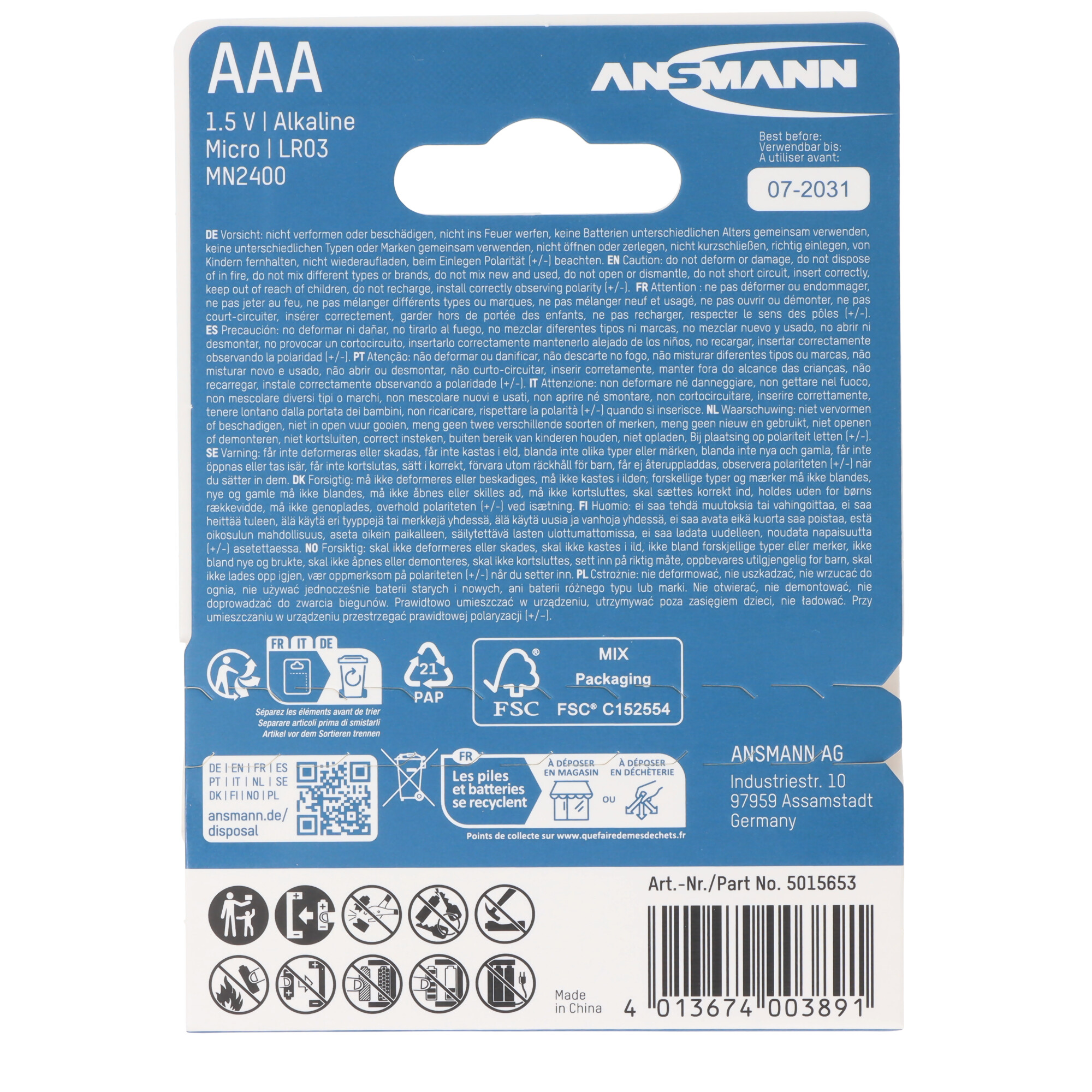 Ansmann AAA Alkaline Batterien mit Haltbarkeitsdatum 07-2031.
