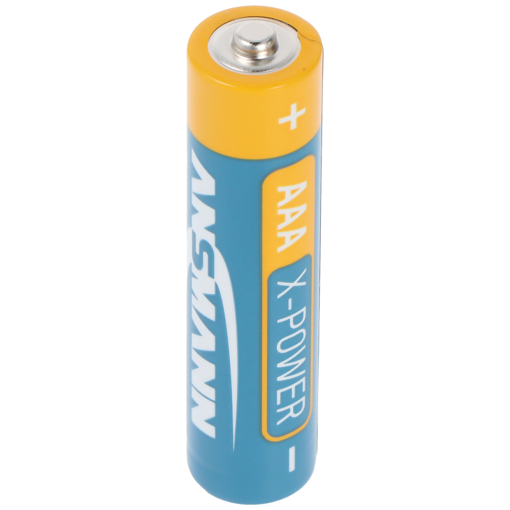 Eine AAA-Batterie mit blauem Gehäuse, gelbem Kopf und Aufdruck.