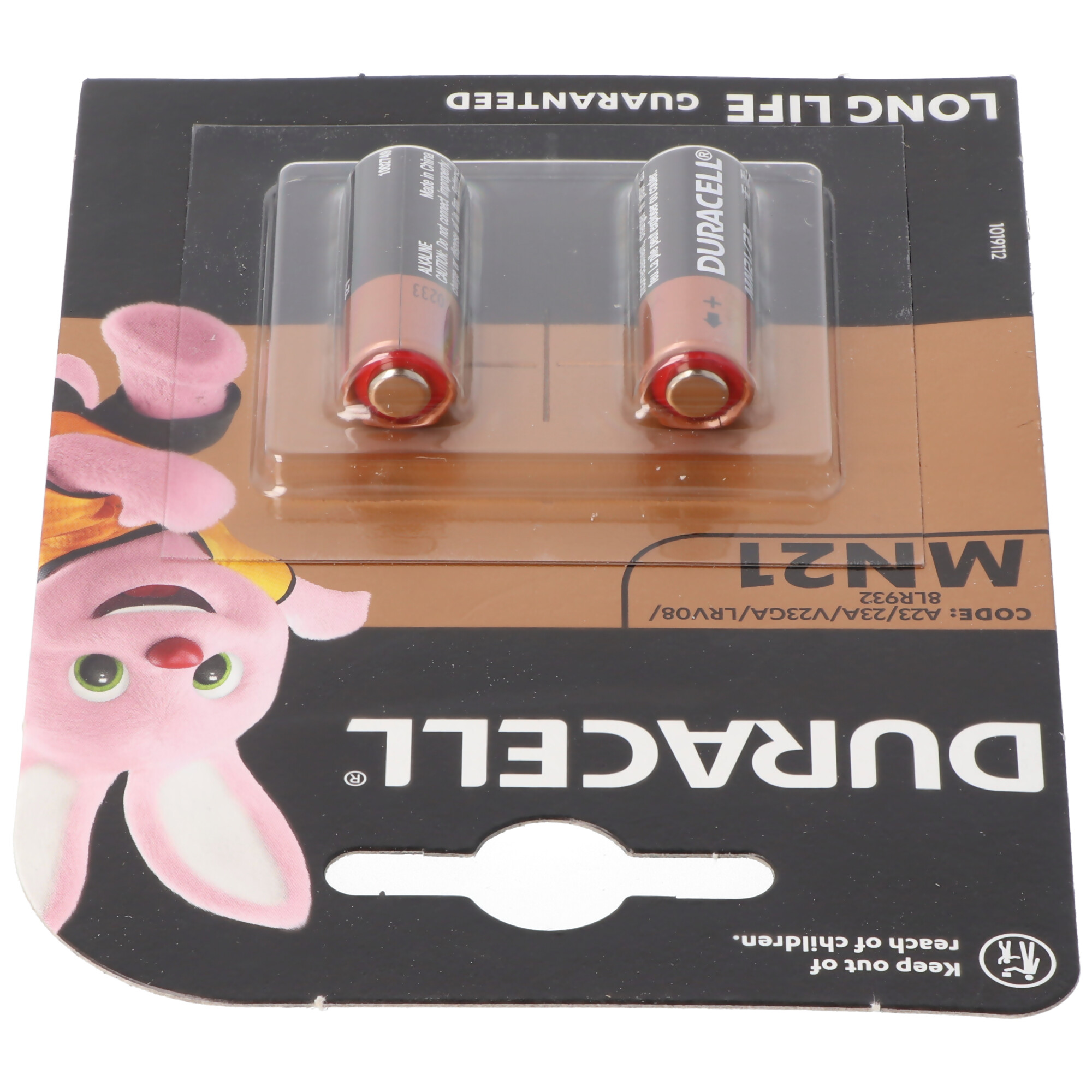 Verpackung mit zwei Duracell MN21 Batterien und einem Hasen-Design.