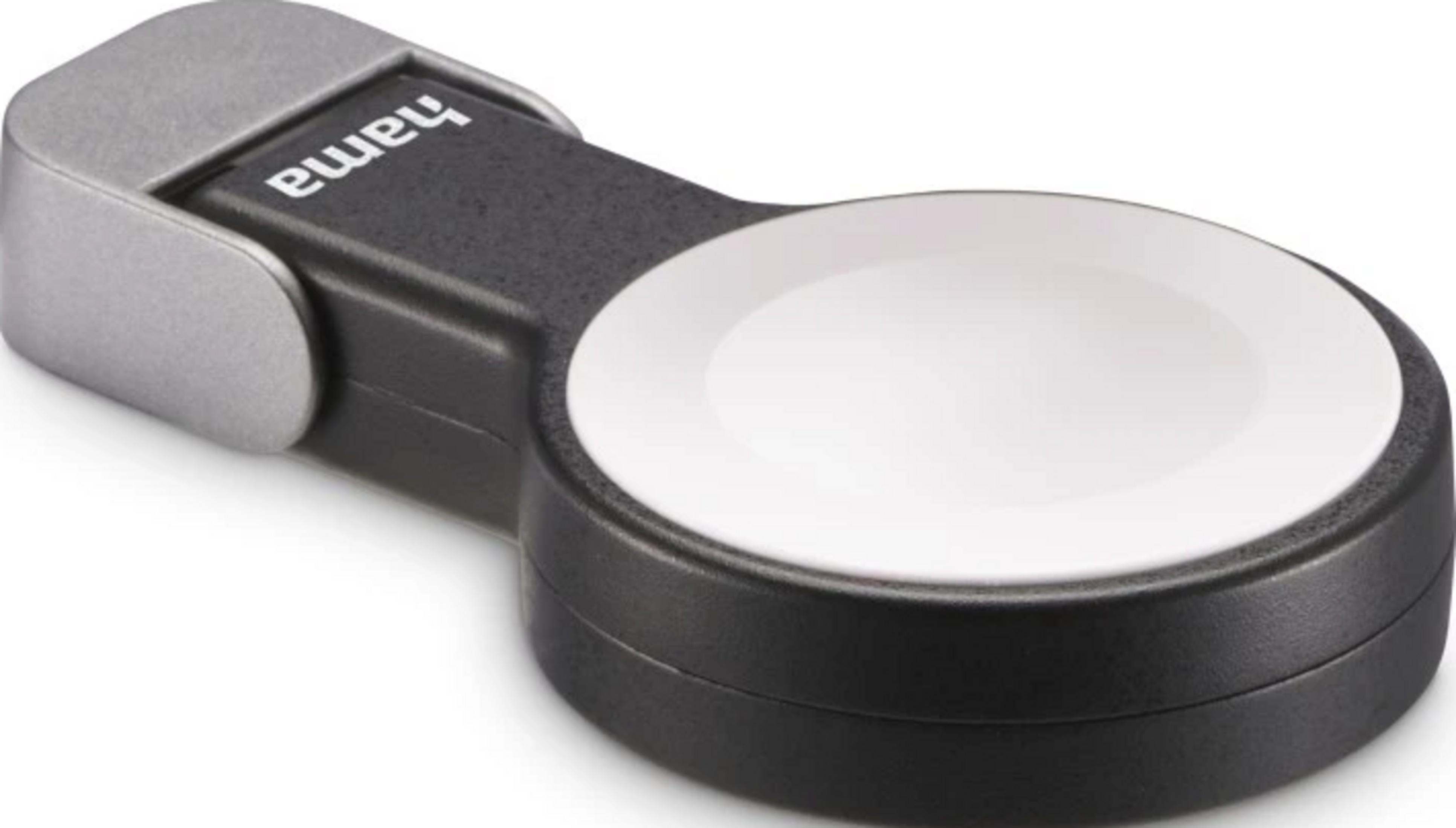 Schwarzer Hama Ladeadapter mit weißer runder Ladefläche und silbernem Clip.