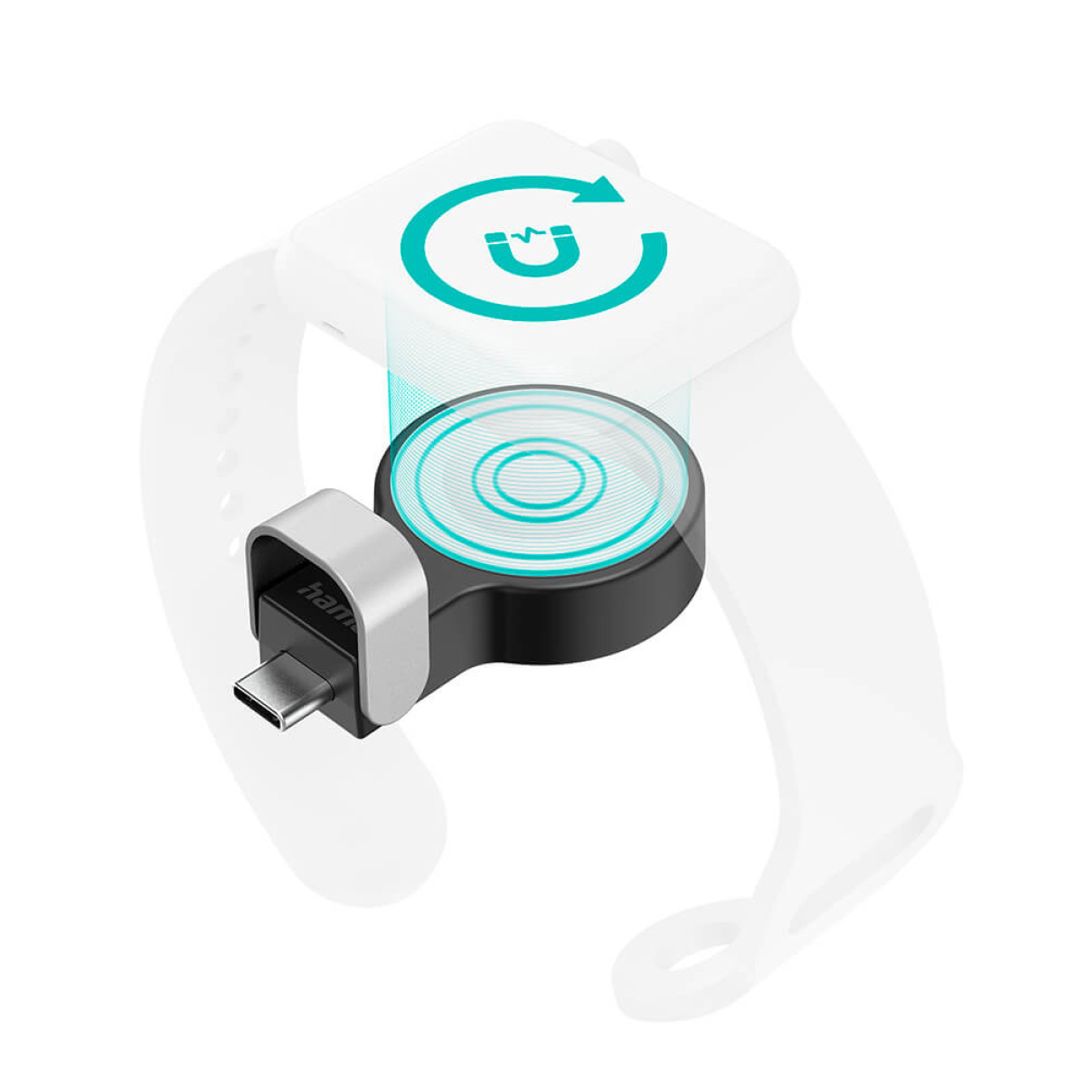 Ein weißes Armband mit einem magnetischen Ladeanschluss und einem USB-C-Stecker.