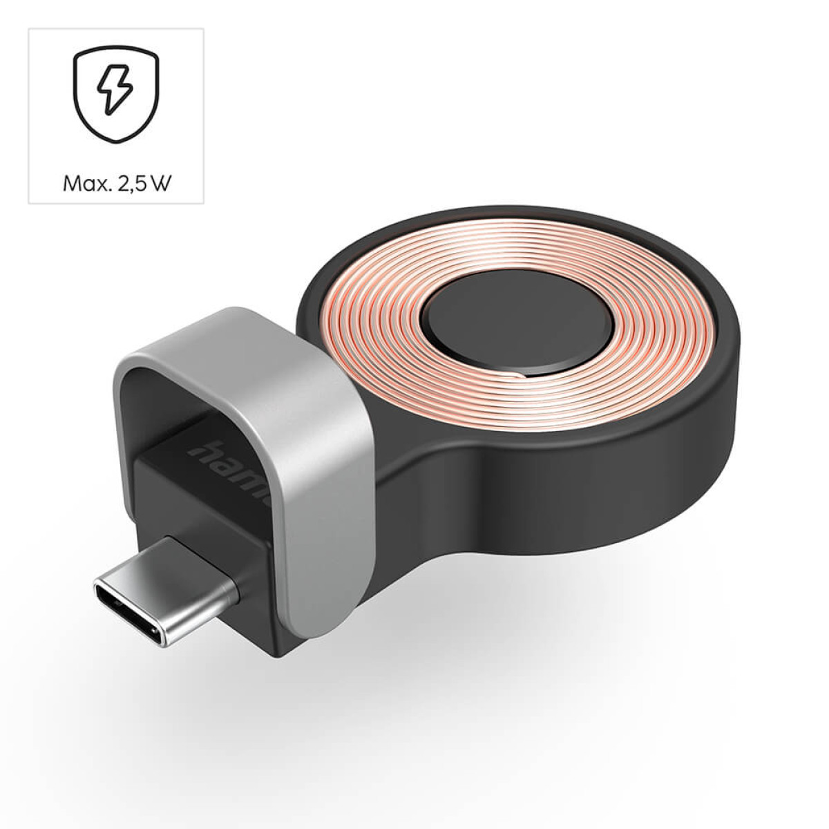 Schwarzes kabelloses Ladegerät mit USB-C-Anschluss und Kupferspule.