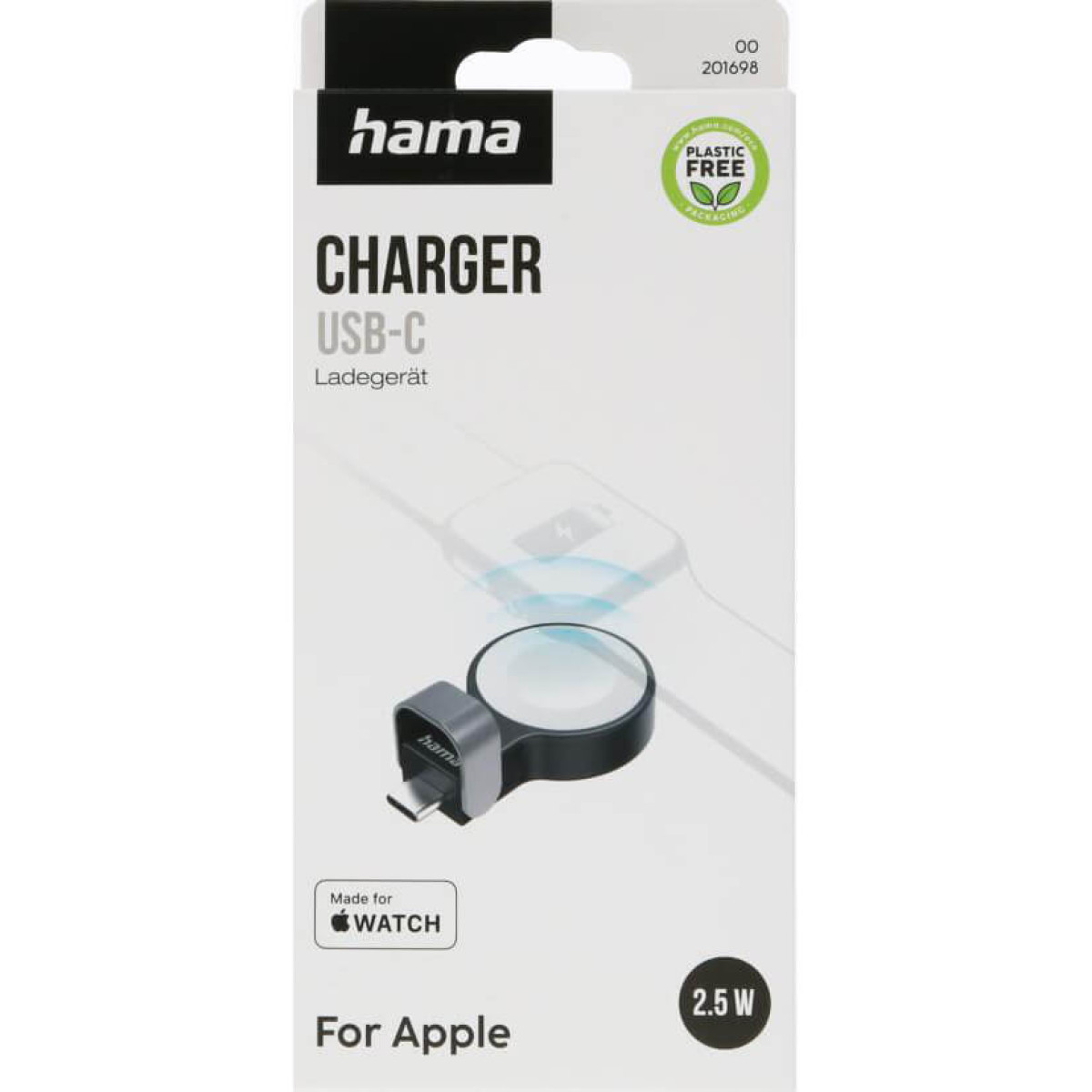 Hama Ladekabel für Apple Watch, USB-C, 2.5W, mit "Plastic Free Packaging" Siegel.