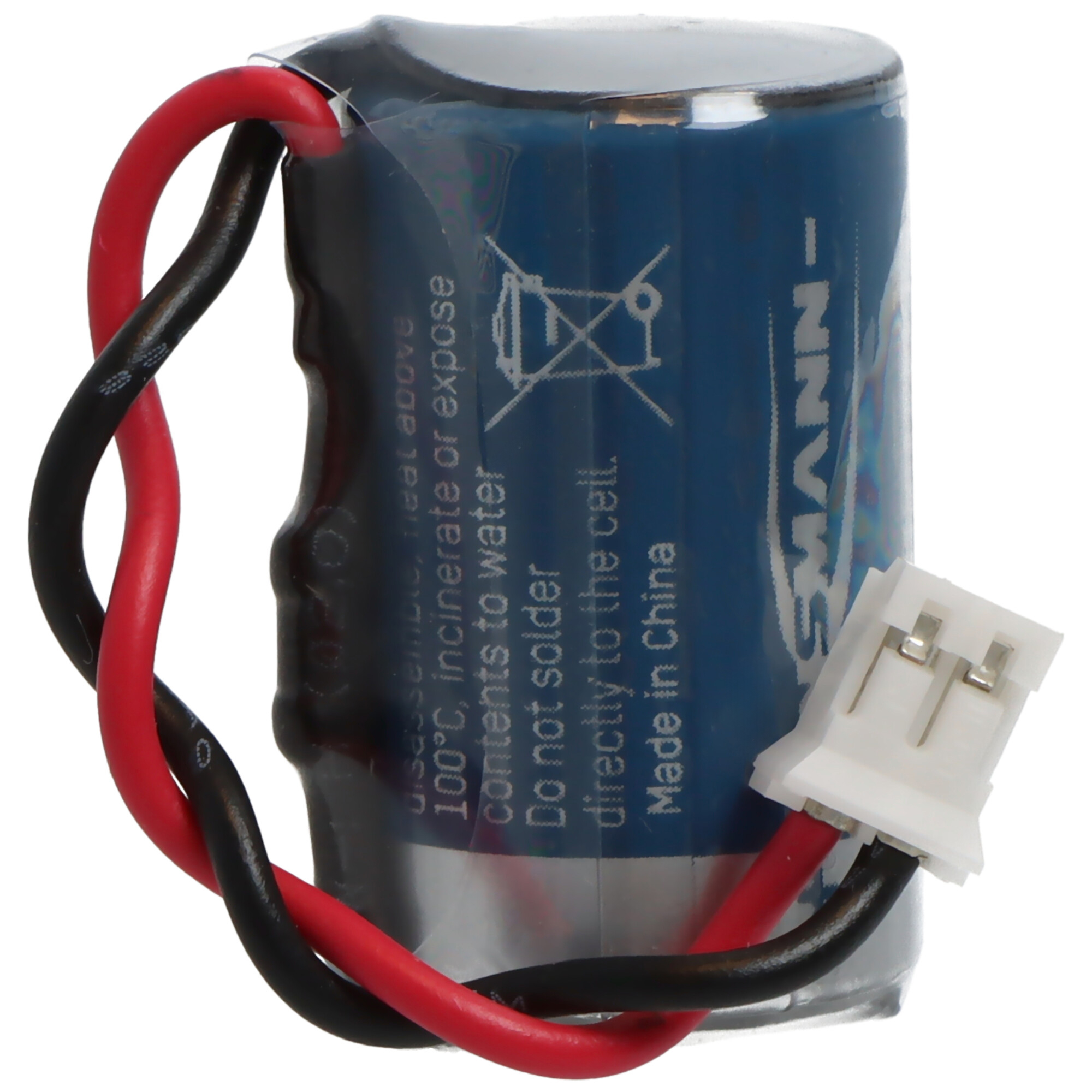Eine blaue Batterie mit roten und schwarzen Kabeln und einem weißen Stecker.