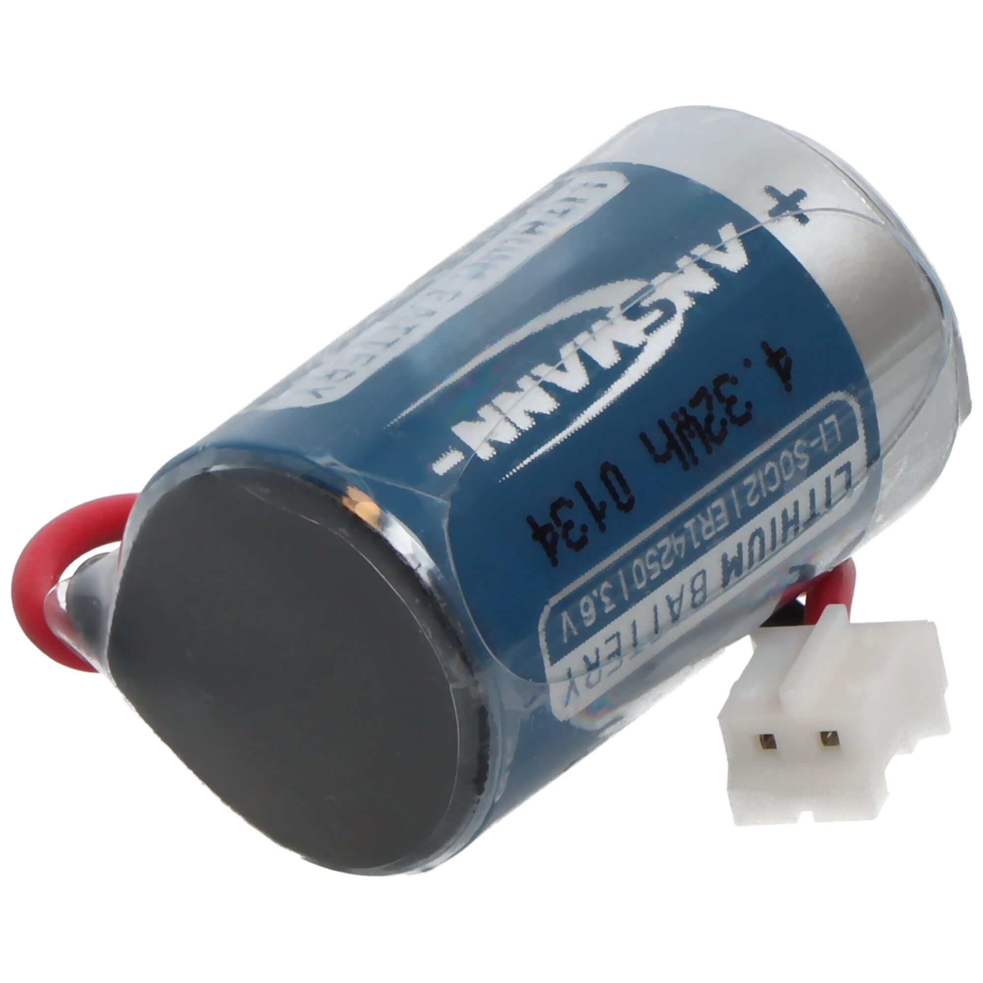 Eine blaue und silberne Lithiumbatterie mit roten und weißen Drähten und einem weißen Stecker.