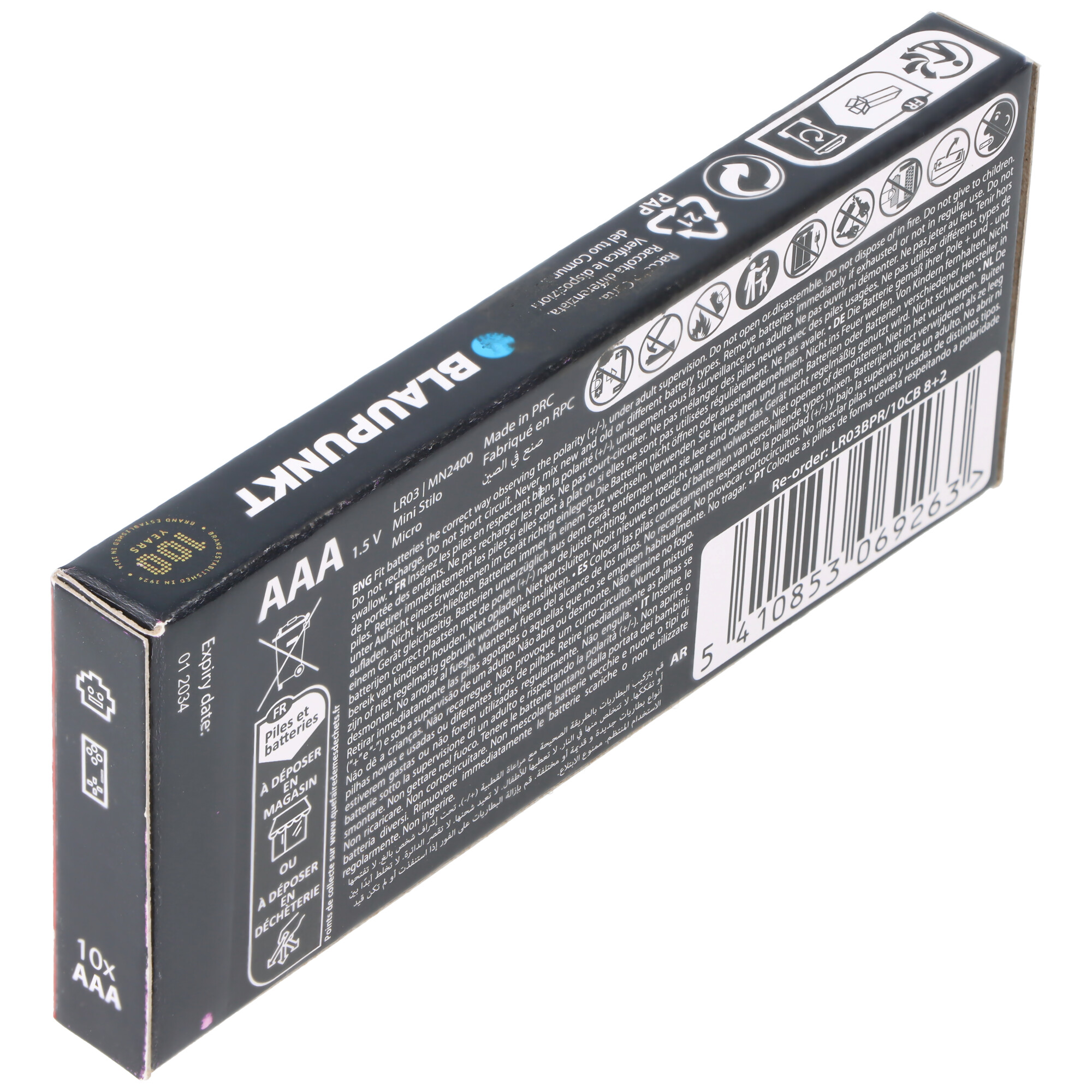 Verpackung mit 10 AAA-Batterien. Marke Blaupunkt. Enthält Warnhinweise und Entsorgungsinformationen.